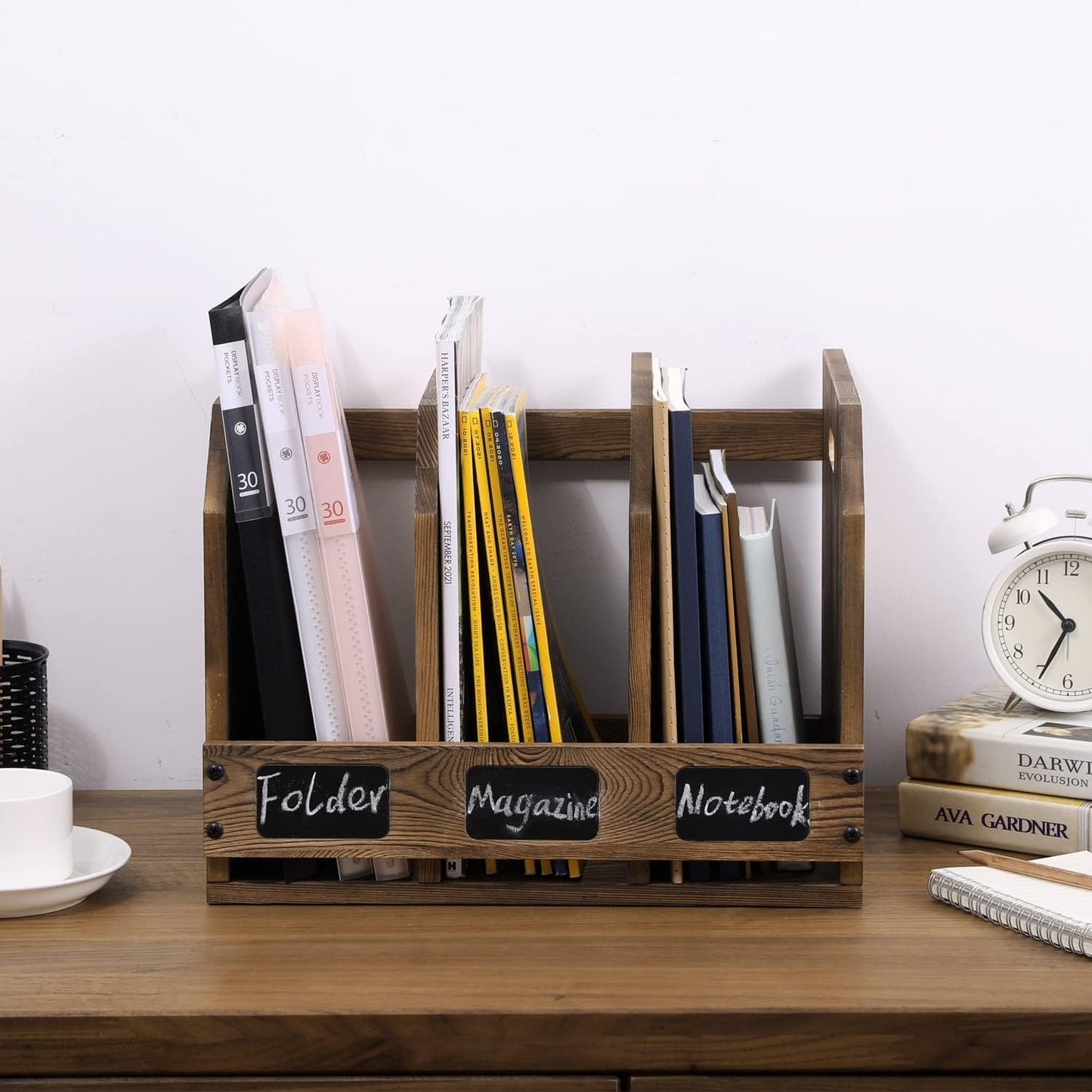 MyGift Office Desktop Document File Folder Rustic Burnt Brown Wood Binder Storage Organizer Rack with 3 Compartments and Chalkboard Labels