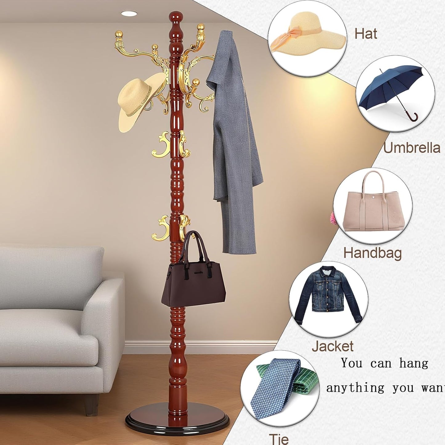 Vintage Wooden Coat Rack Free Standing,14 Hooks, 3-Level Adjustable Height, 73-Inch Retro Coat Rack Stand, Suitable for Entryway, Living Room, Office and Bedroom (Begonia color, 2PCS)