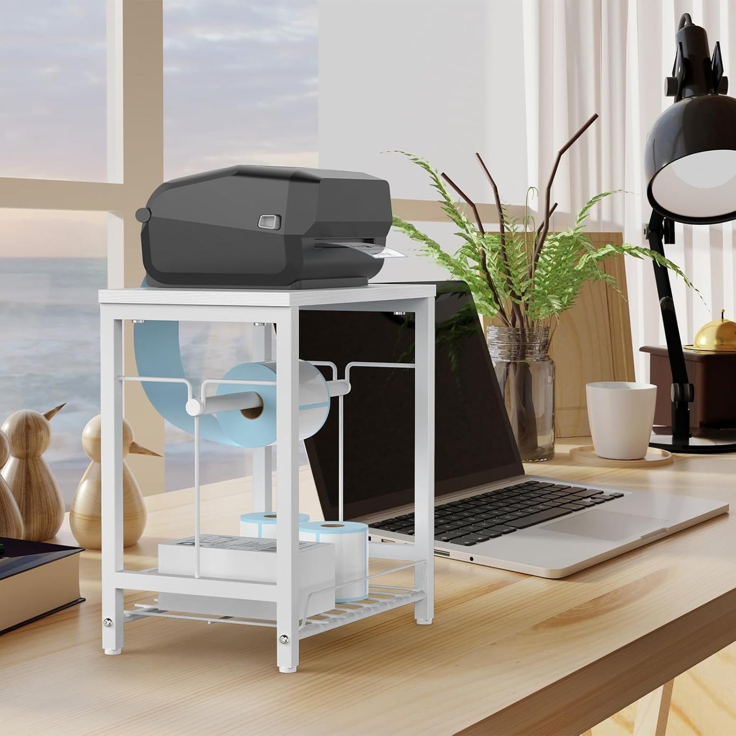 NANANARDOSO Label Holder for Thermal Printer with Basket,Wooden Label Holder for Shipping Label Printer,Sticker Roll Holder for Home, Office Small Business,White