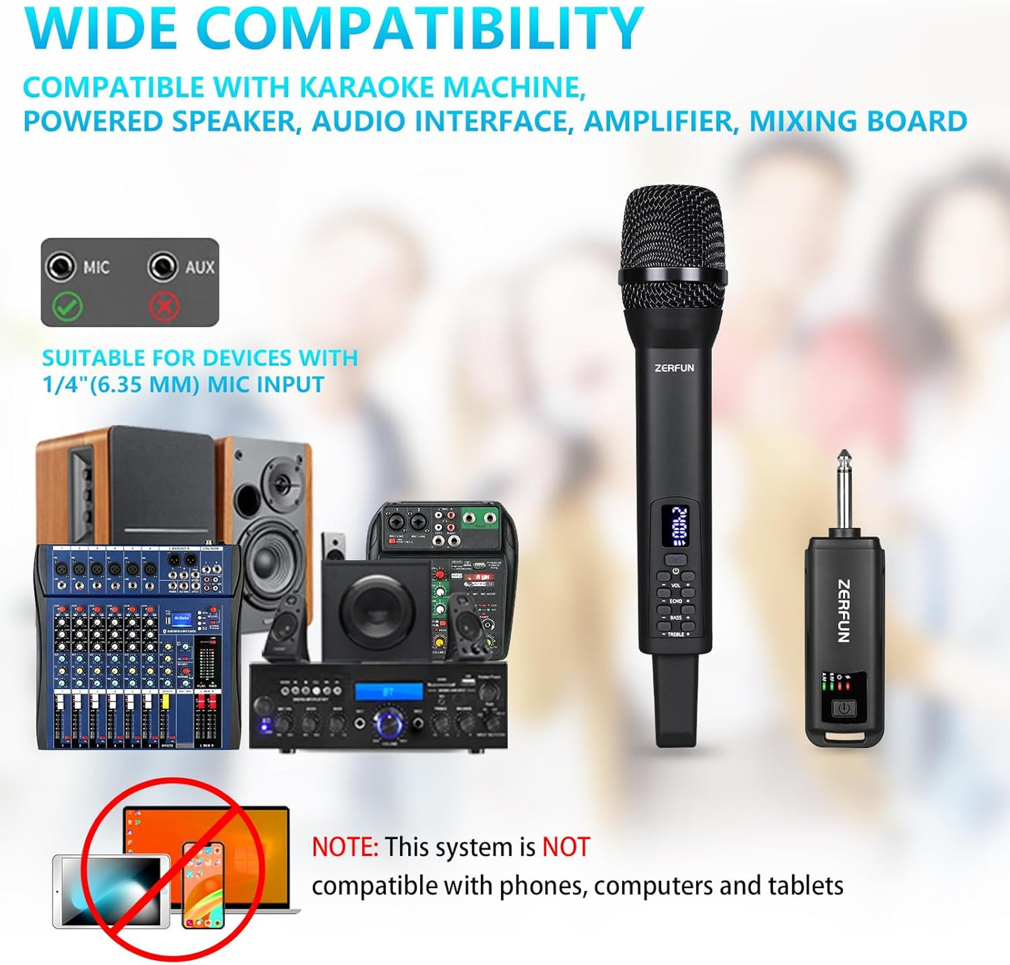Rechargeable Wireless Microphone, Pro Handheld Cordless Mic System with Echo Treble BASS VOL Control for Karaoke Singing Church Party, 1/4'' Output, Black