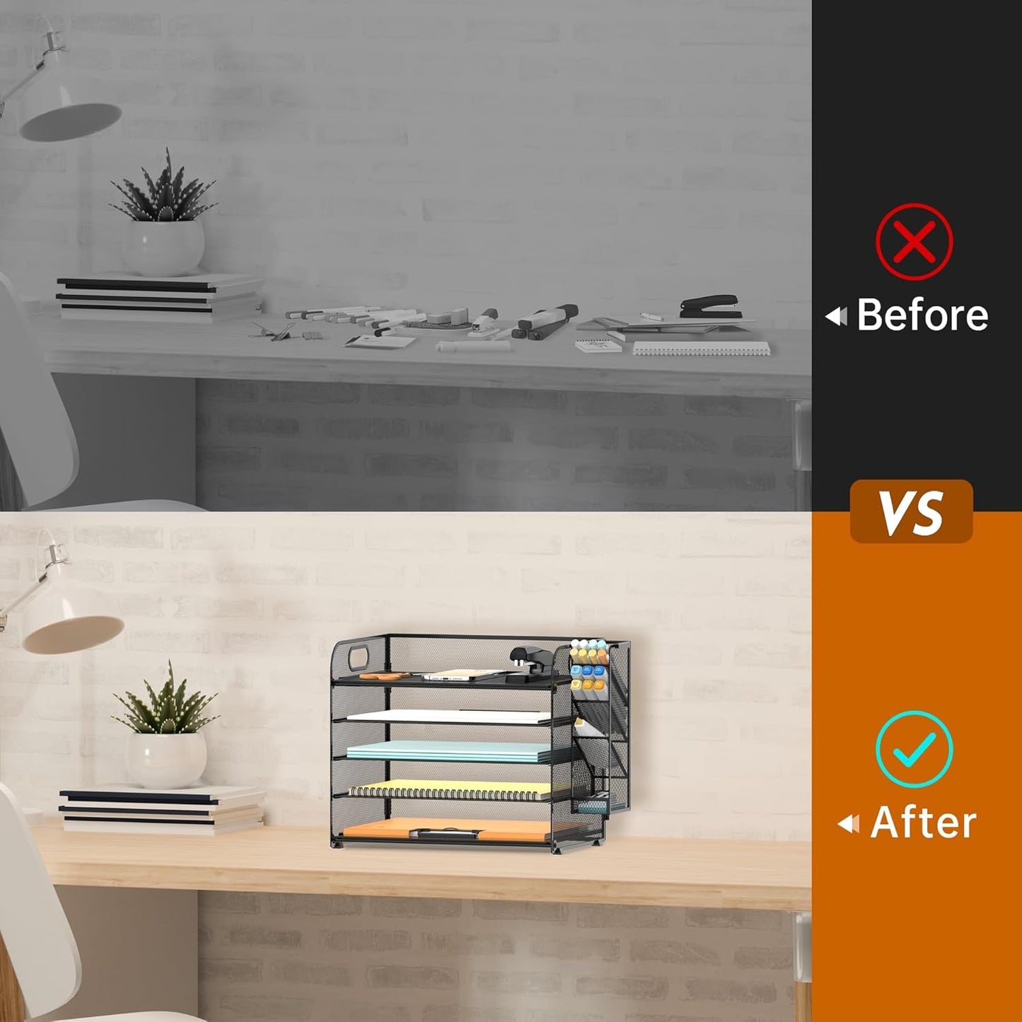 SUPEASY 2 Pack 5 Tier Desk Organizer with Handle & Removable Pen Holders, Mesh Paper/File Organizer for Desk Office Supplies,Black