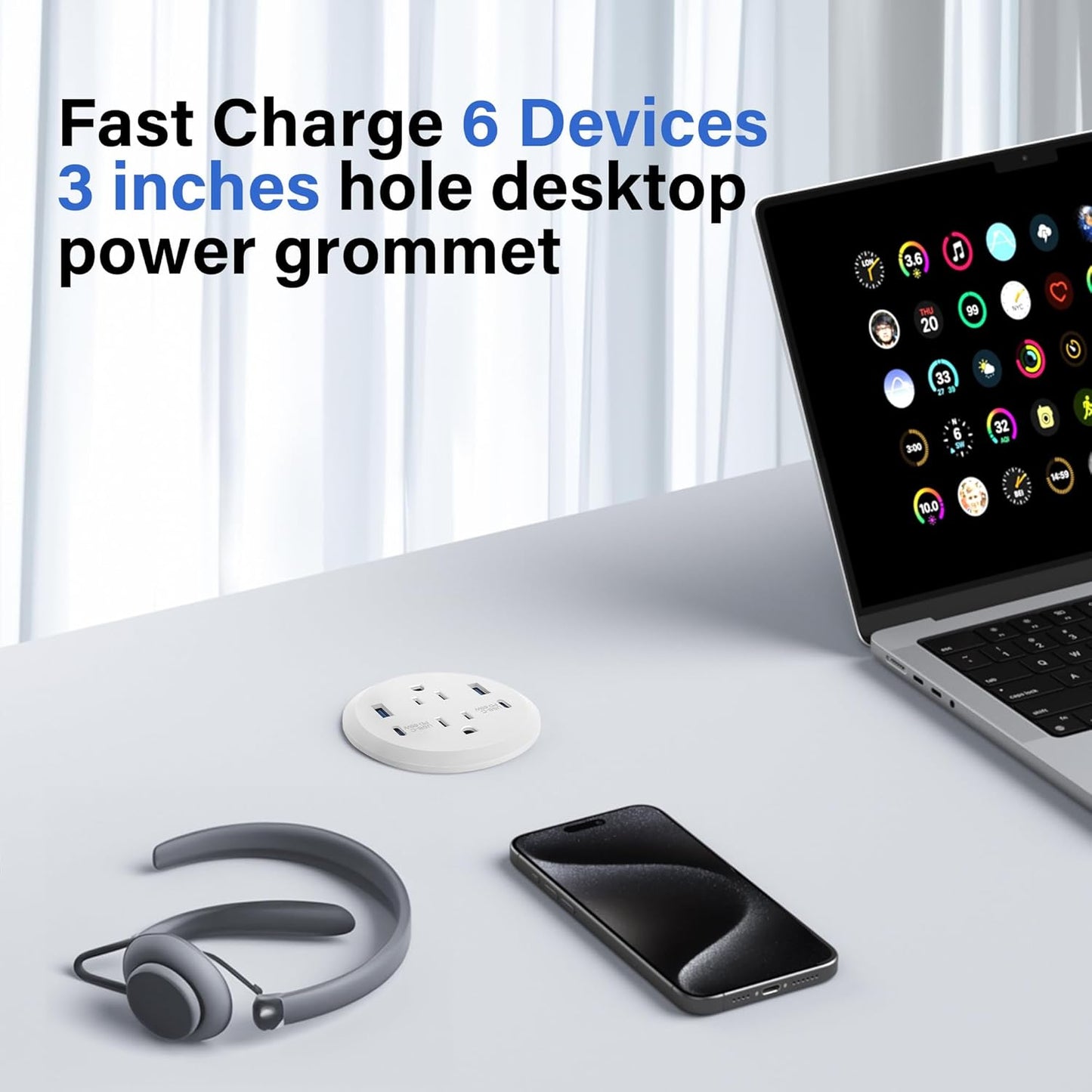 Desktop Power Grommet, 65W USB C Fast Charging, Flush Mount Recessed Power Strip 3-Inch Hole, 2 Outlets, 4 USB Ports, Countertop Outlet (White)