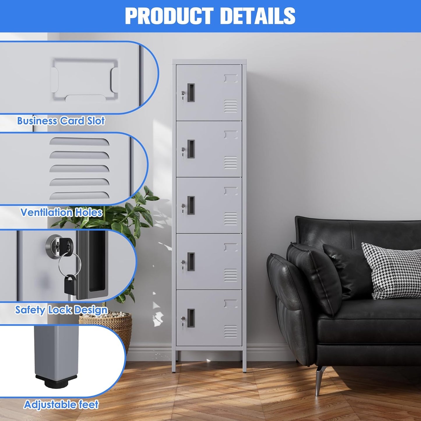 Metal Locker with Lock and Ventilation Holes,Metal Storage Locker with Business Card Slof for Home,Gym,Garage,School,Office,66" H x 15.8" W x 15.8" D Assembly Required,Dark Grey