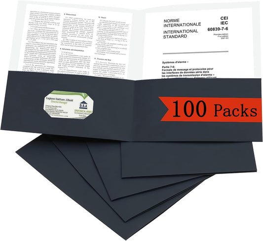 Zzrywuty 100 Packs Two Pocket File Folders with Business Card Slot,Textured Paper,Letter Size,Holds 100 Sheets for School,Office,Business,Black