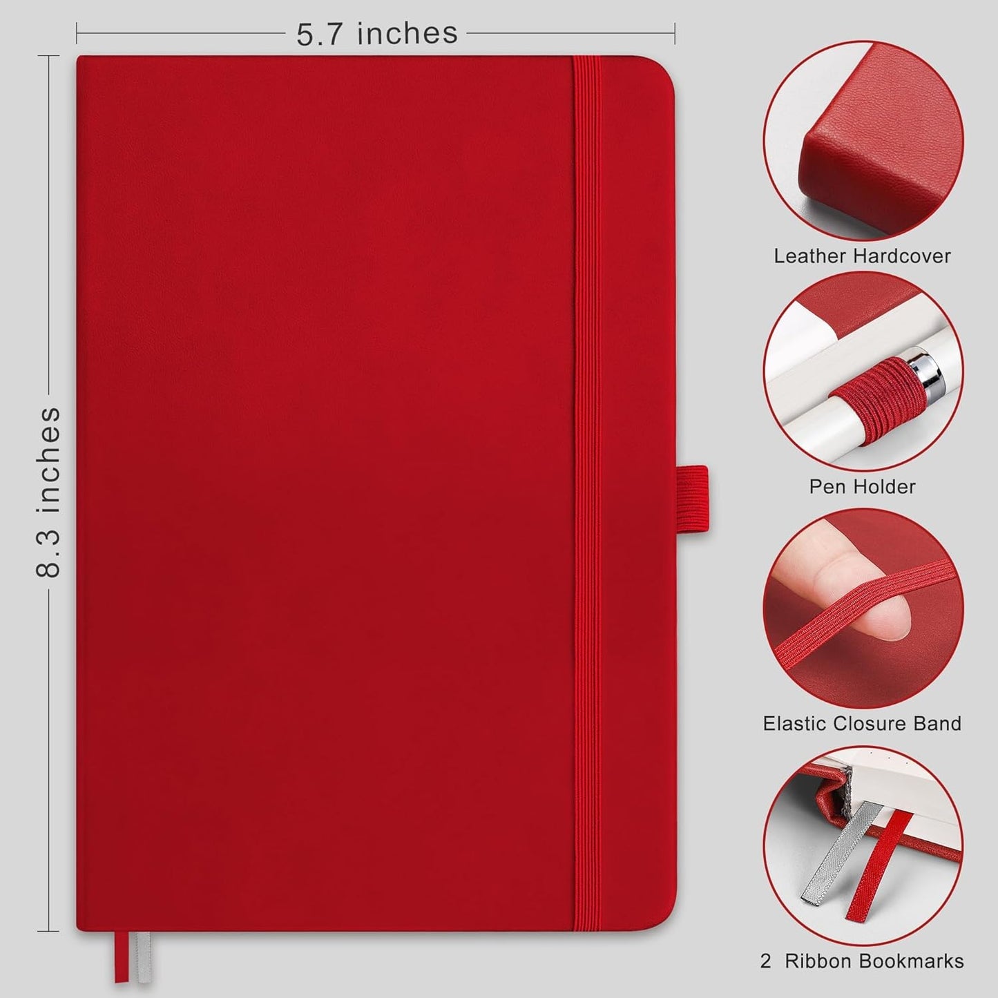 RETTACY Bullet Dotted Journal Notebook, 192 Pages, A5 Medium Size (5.7'' x 8.3''), Leather Hardcover, 100 GSM Thick Paper, for Bullet Journaling, Planning, Tracking (Red)