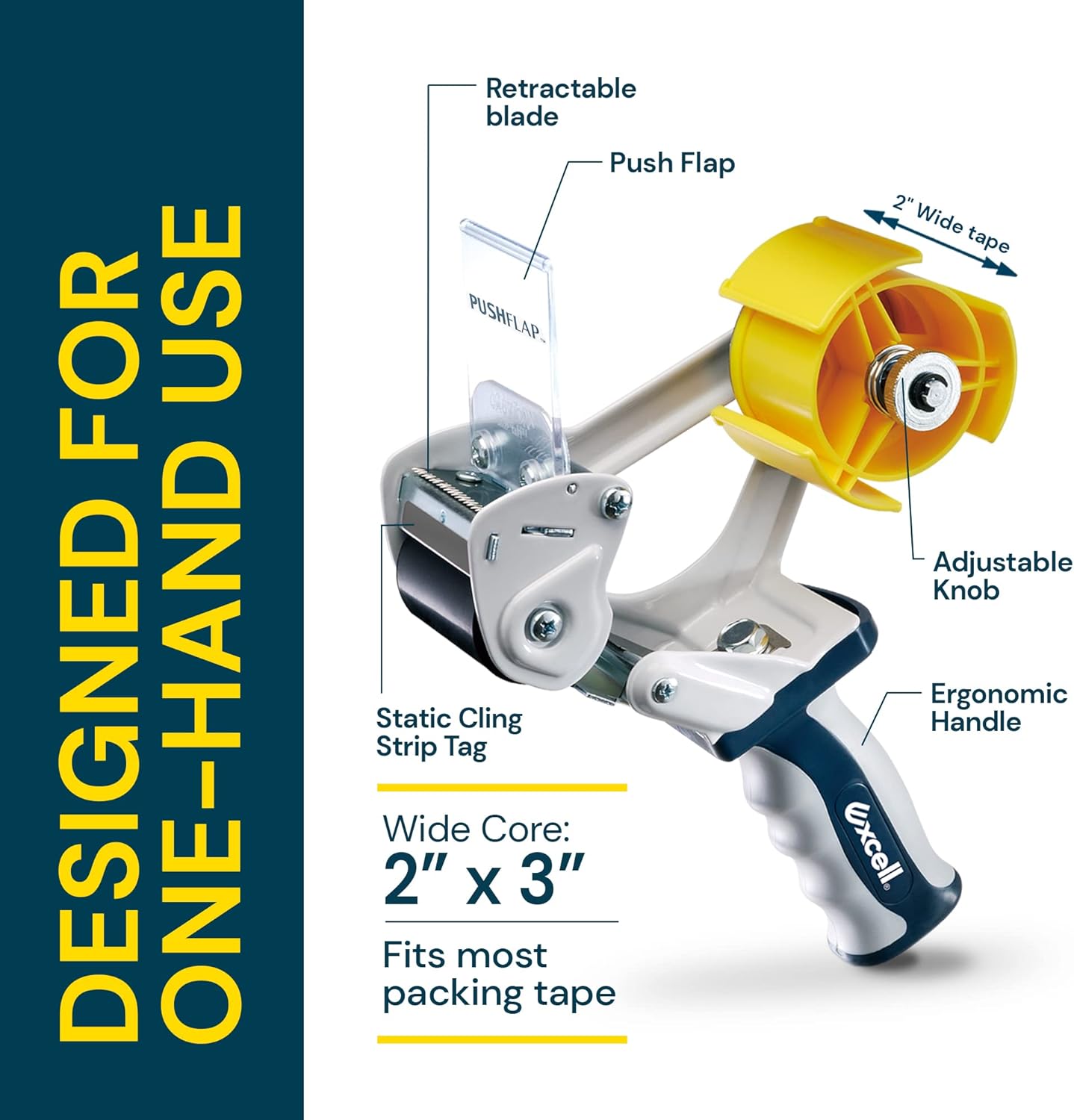 Excell EXC-828PL PUSHFLAP Tape Dispenser (2 Inch Wide), Manual, Metal/Plastic, 3 Inch Core for Carton Sealing & Packing, Easy One-Hand Operation - 1 Set + 2 Rolls of Transparent Tape