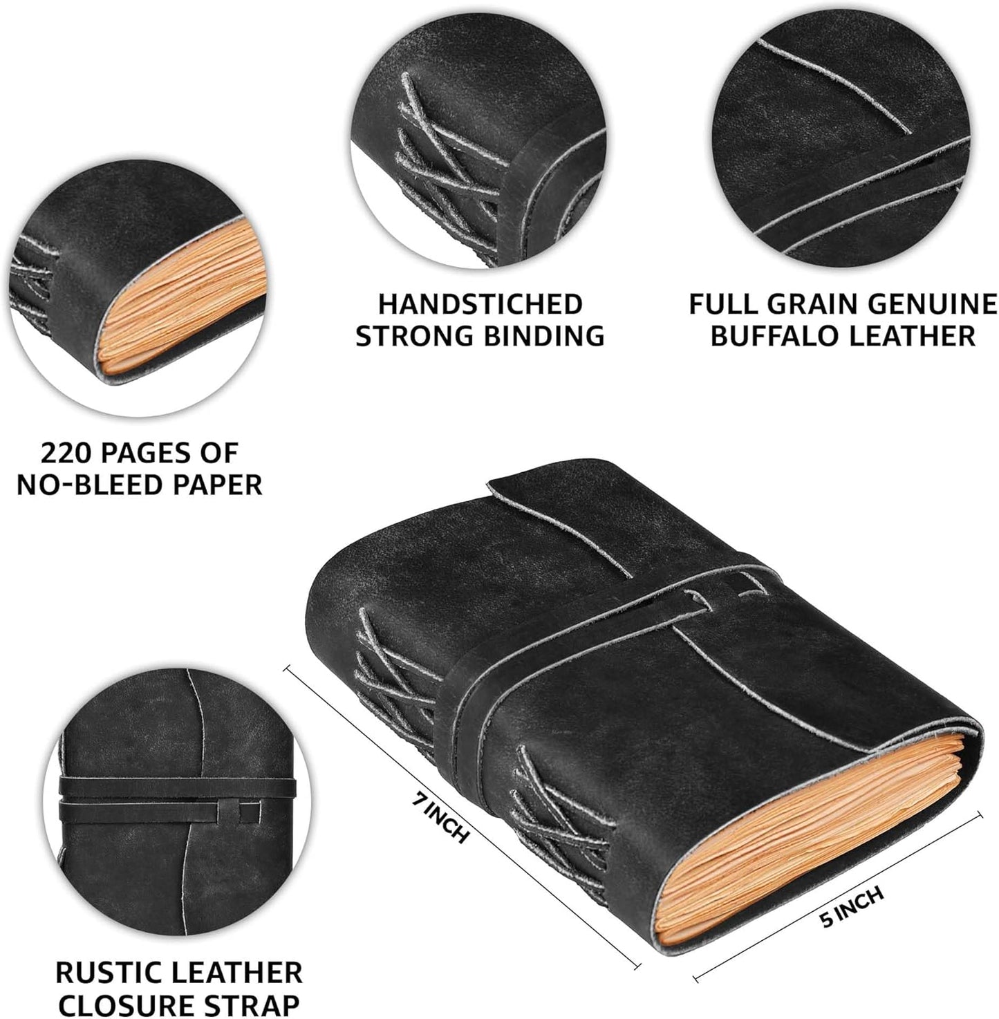 LEATHER VILLAGE Leather Bound Journal - Black, 7"X5", 220 Pages - Vintage Blank Paper Diary for Writing, Drawing, Sketchbook, and Travel Notebook - Ideal for Women and Men