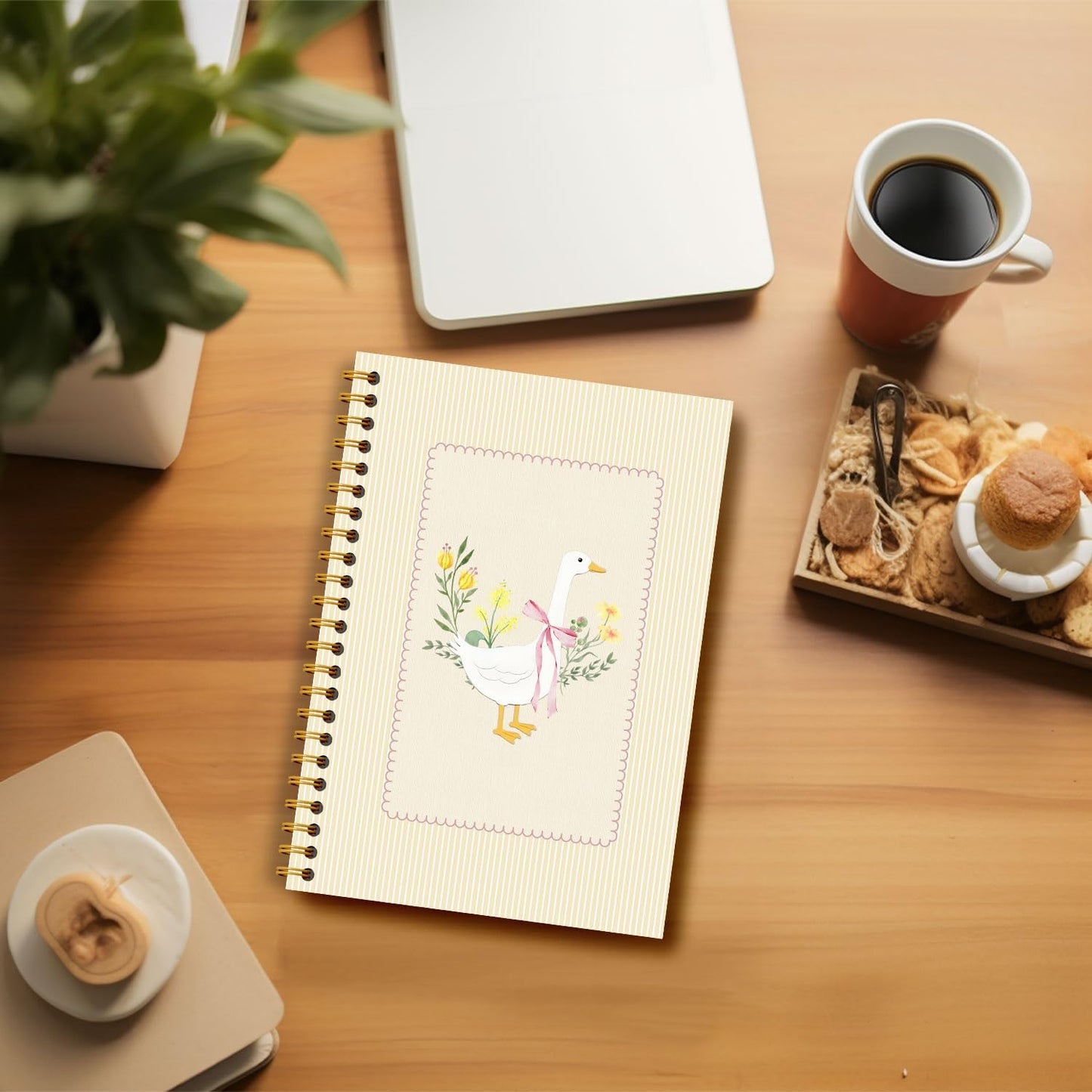 Guymn Coquette Pink Bow Floral Goose Notebook, Butter Yellow Cute Goose Journal for Kids Girls, Geese Animal Lover Gifts Hardcover Spiral Notebooks Journals 5.5x8.3 Inch