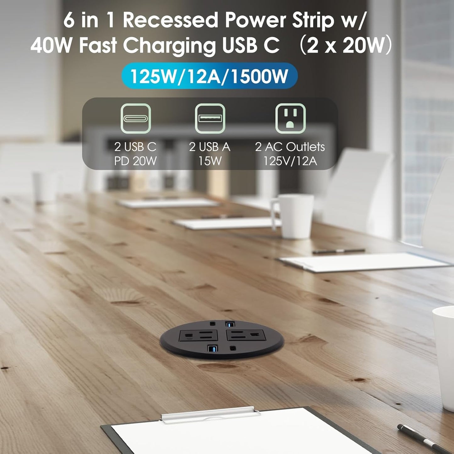 6 in 1 Desk Power Grommet Dia 3.15‘’(80mm), 40W Recessed Power Strip with Dual 20W USB-C Fast Charging, Flush Mount USB Outlet for Desk, Tables&Furniture, fits 3-1/5'' ~ 3-3/8'' Hole (1 Pack)