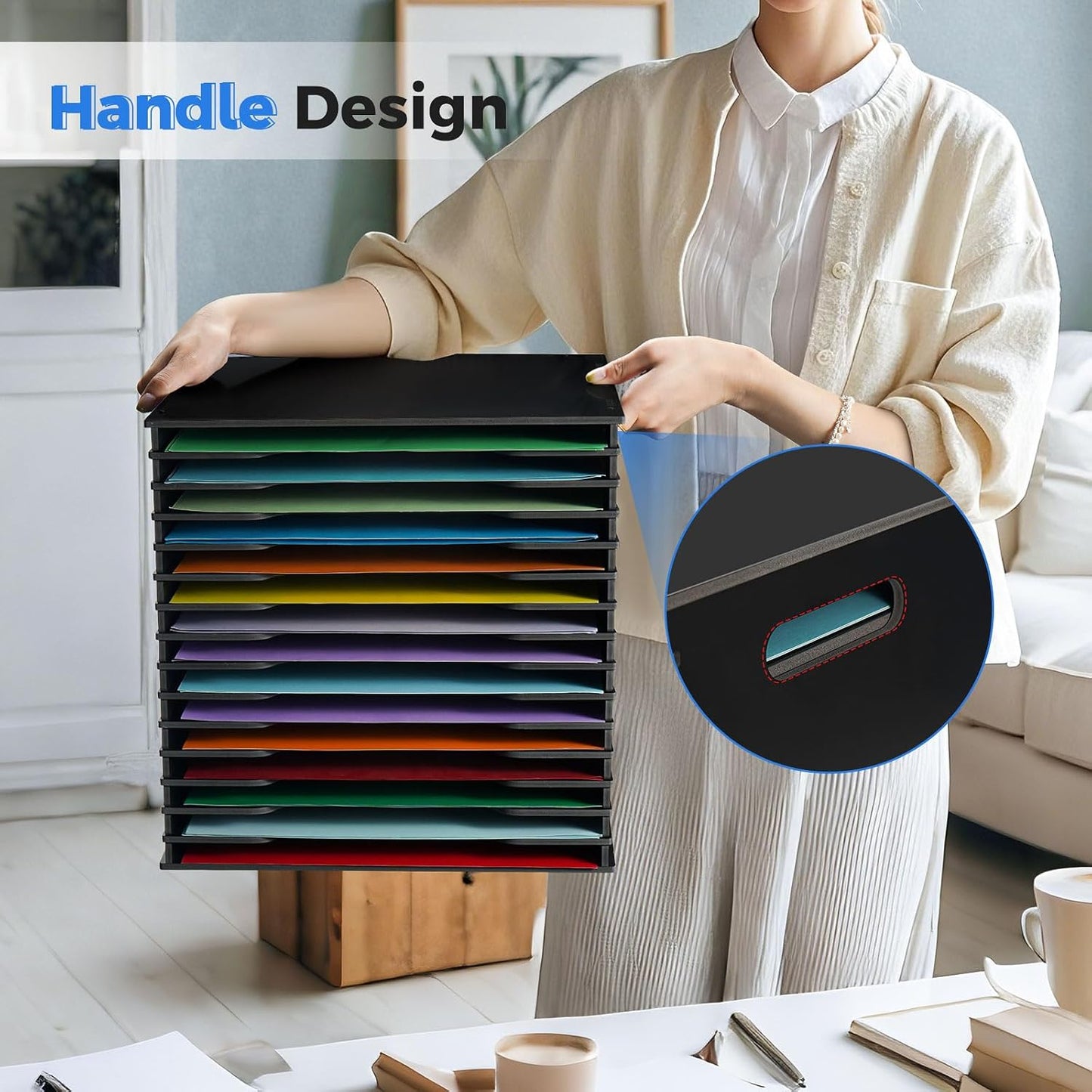 SANFURNEY Scrapbook Paper Organizer for Sizes 12" x 12", 15 Slots File Sorter Storage, Document Holder, Desktop Scrapbook Paper Organizer Rack - Black