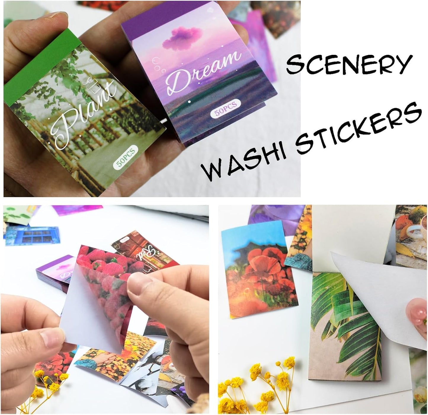 6 Sets 300 Pcs Washi Stickers Set Assorted Colors Aesthetic Sticker Book for Journaling, Daily Scenery Life Stuff Decorative Paper Sticker Decals for Scrapbooking Junk Journal Diary Album