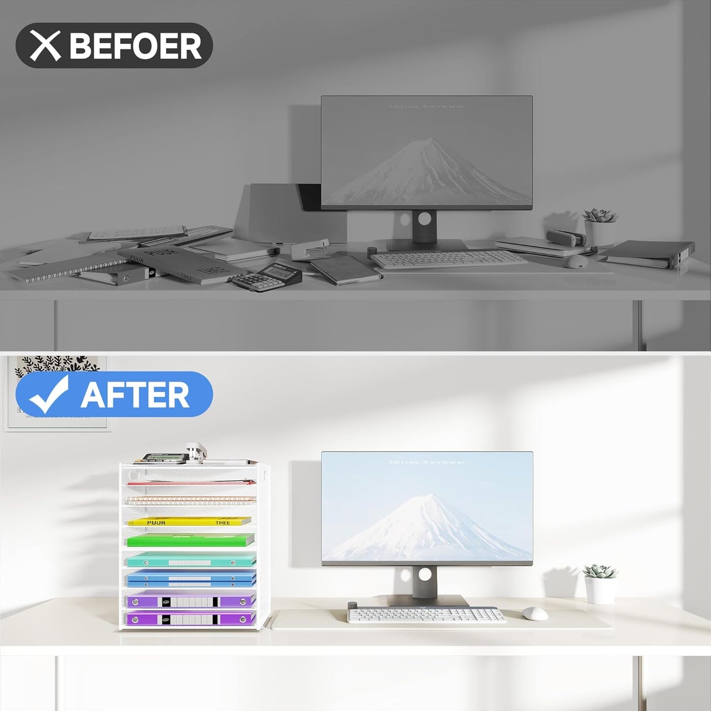 9 Tier Paper Organizer with Handle, Large Capacity Desk Organizer Mesh Paper Letter Tray File Folder Document Sorter for Classroom and Office Accessories Organization- White (2 Pack)