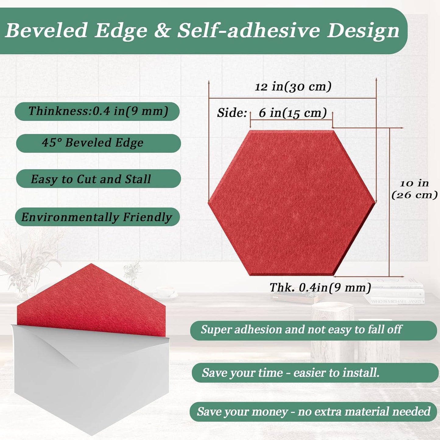 Hexagonal Acoustic Panels-12 Pack High-Density Sound Absorbing Panels 12"X10"X0.4" for Enhanced Noise Reduction, DIY Design, Idea for Studios, Offices, and Home Theaters(Cherry Red)