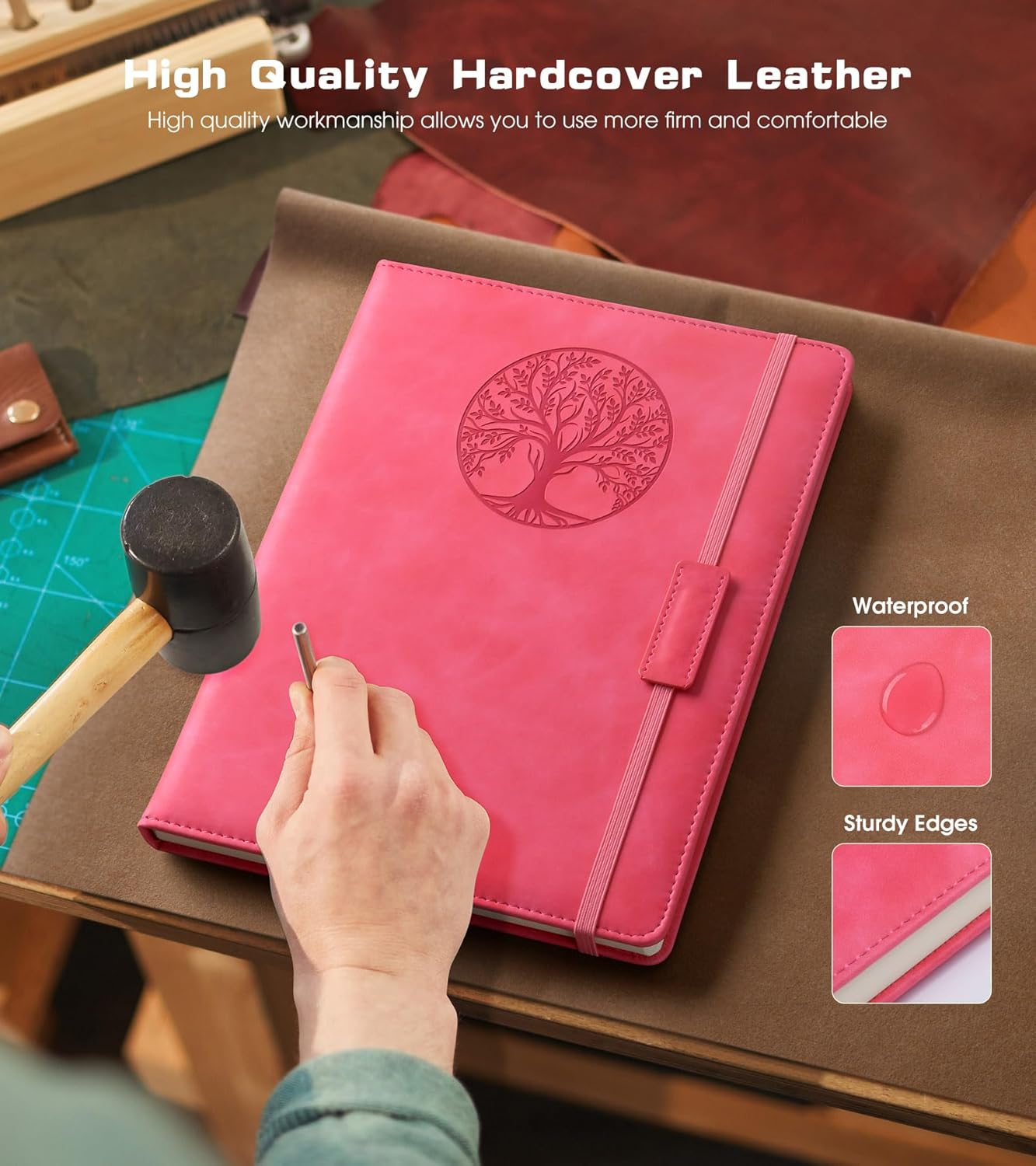 Lined Journal Notebook for Women Men,256 Pages A4 Large Hardcover Leather Journals for Writing,Travel,Business,Work,School,College Ruled Notebooks for Note Taking,Diary Notepad 8.6"×11" (pink)