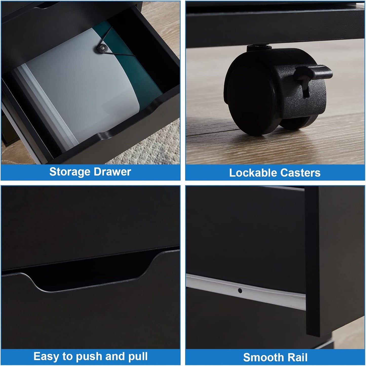 Farini 3-Drawer Vertical Filing Cabinet Rolling Wood Mobile File Cabinets Under Desk for Home Office with Casters (Black, Fully Assembled)