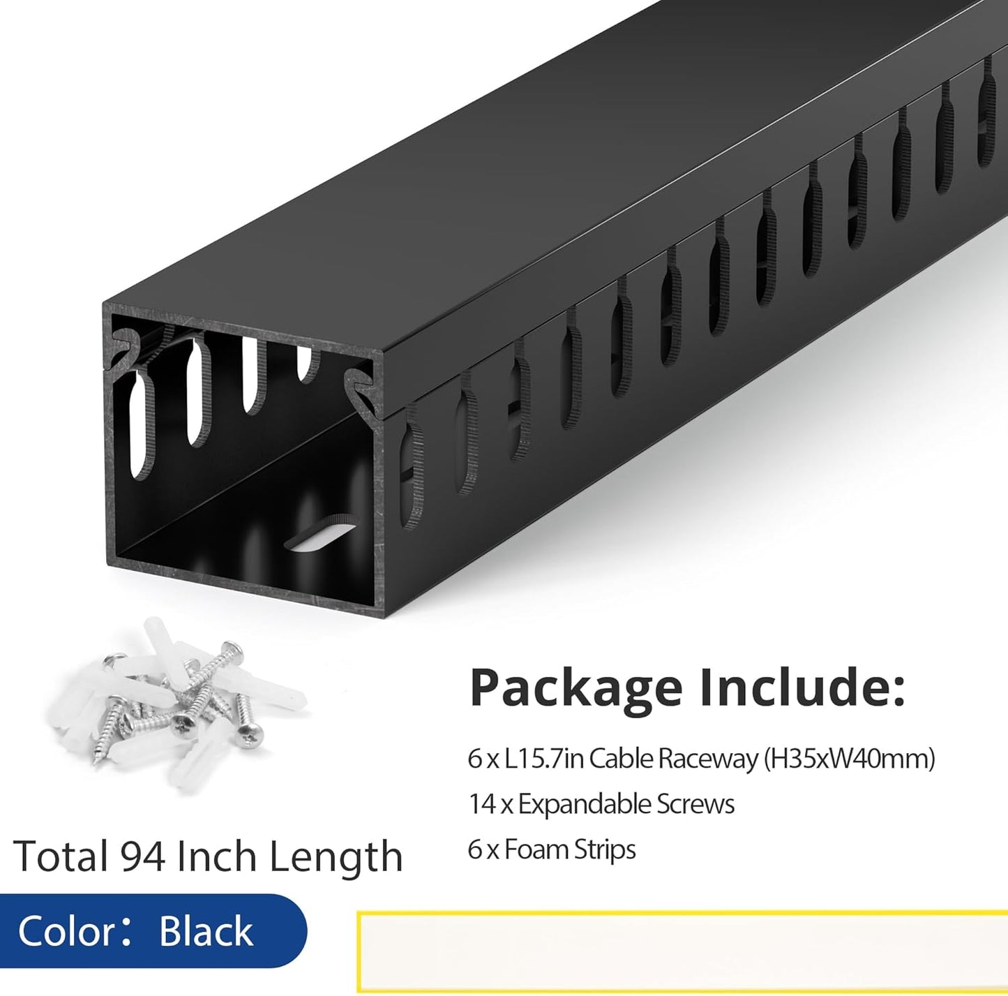 ZhiYo H1.4 x W1.6in Server Rack Cable Management Raceway, 94.5in(6X L15.7in) Cable Raceway Kit, Electrically Safe PVC Open Slot Wire Cord Hider for Under Desk/Computer/Network Cords, Black