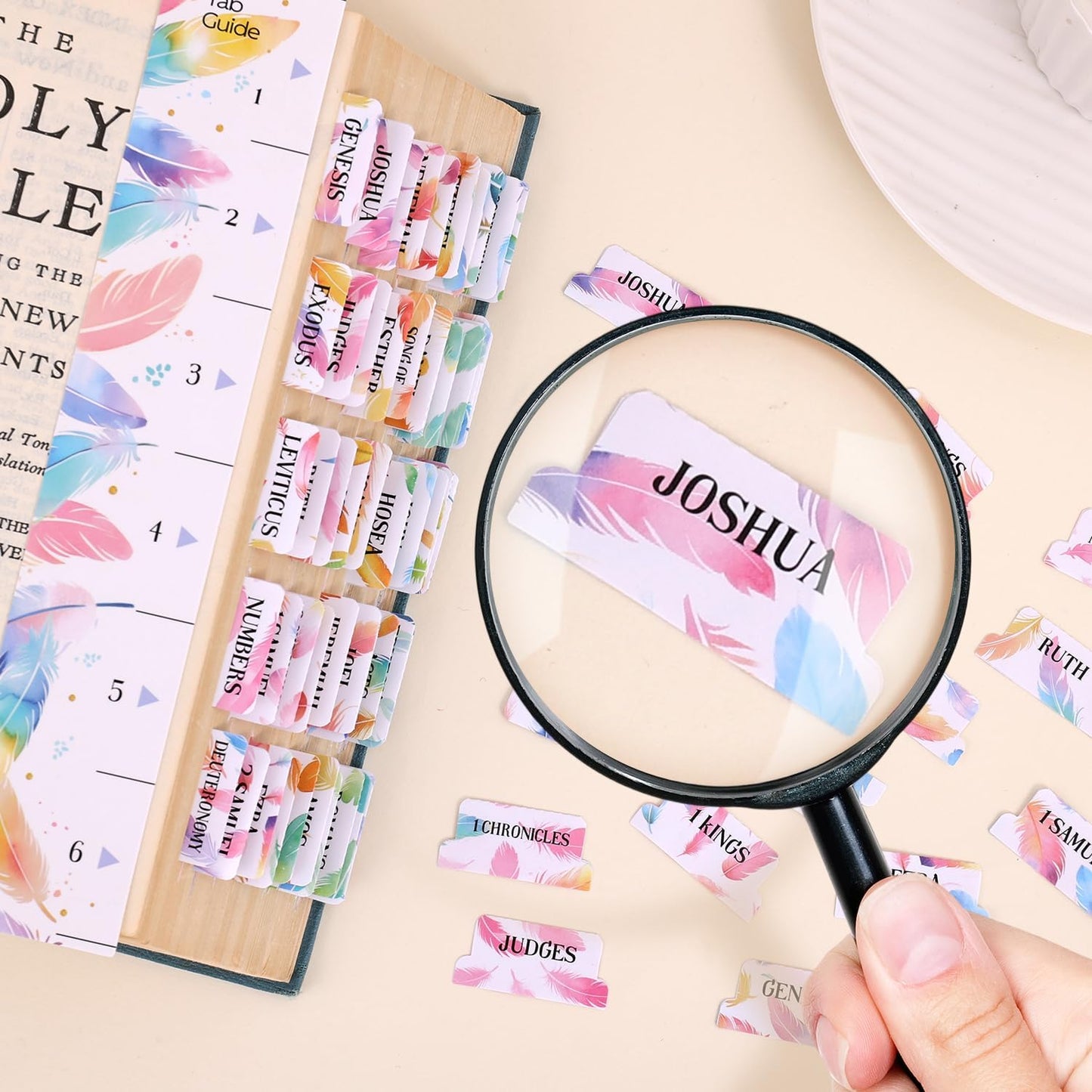 Bible Tabs For Women, 66 Large Print Laminated Bibles Chapters Index Tabs and 39 Blank Dividers Sticky Labels, Cute Beauty Feather Bible Study Supplies, Journaling Accessories, Christian Gifts for Men