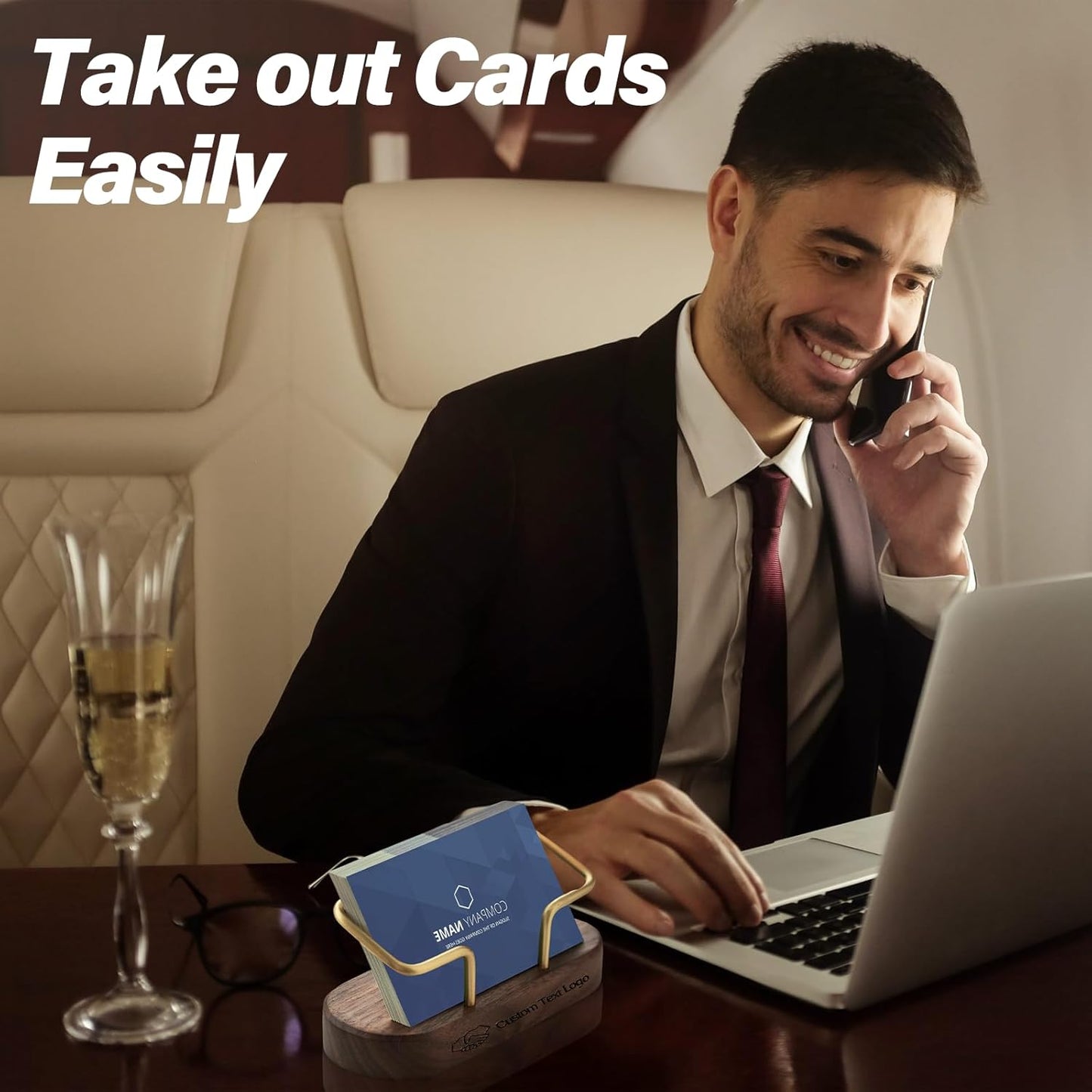 Custom Business Card Holder Desk-Personalized Engraved Wooden Business Card Case Holder, Customized Name Logo Business Card Display Gifts for Men Women (Style2-Black)