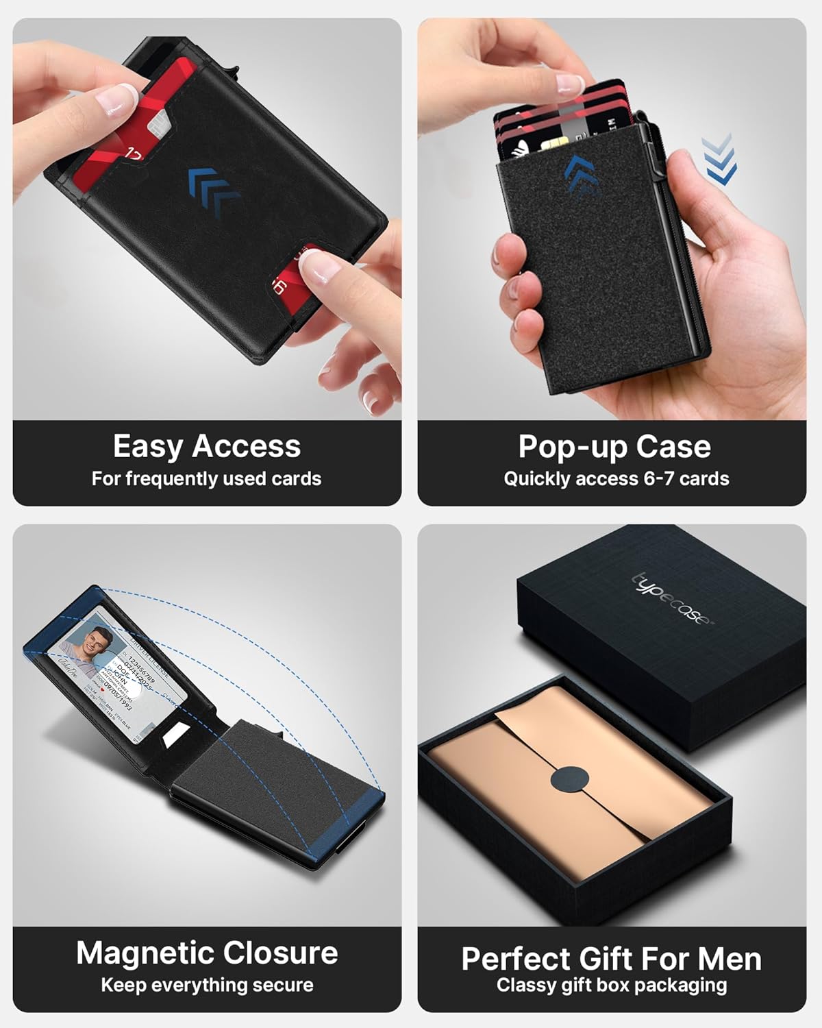 typecase Mens Wallet Card Holder: Pop Up Card Case, Genuine Leather, Smart, RFID Blocking, Slim, Minimalist, Thin, Front Pocket - 9-13 Card Capacitiy | ID Window | Money Clip (Black)