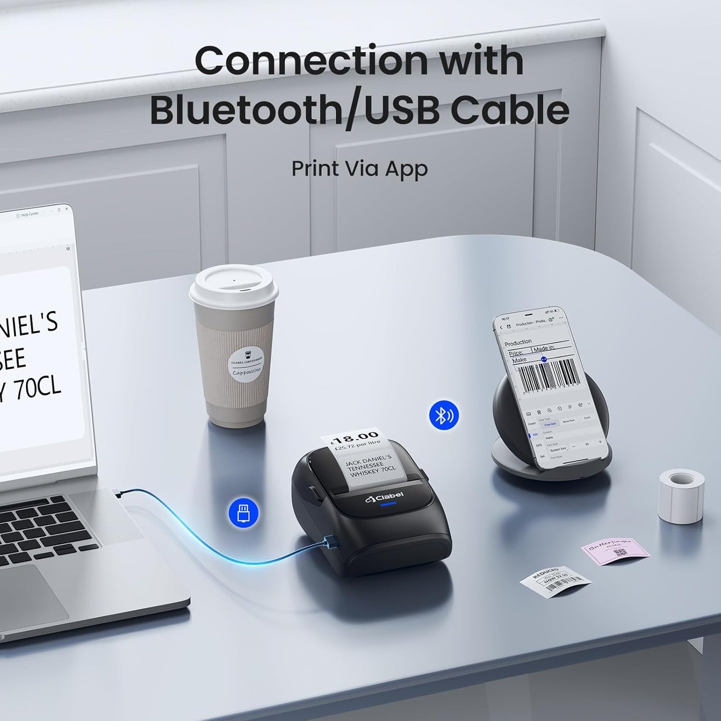 CLABEL Thermal Label Maker Machine: 221B Bluetooth Label Maker Machine with Tape Mini Sticker Printer Barcode Printer Compatible with Smartphone with 3 Roll 40x30mm,50x30mm,50x80mm Label (Black)