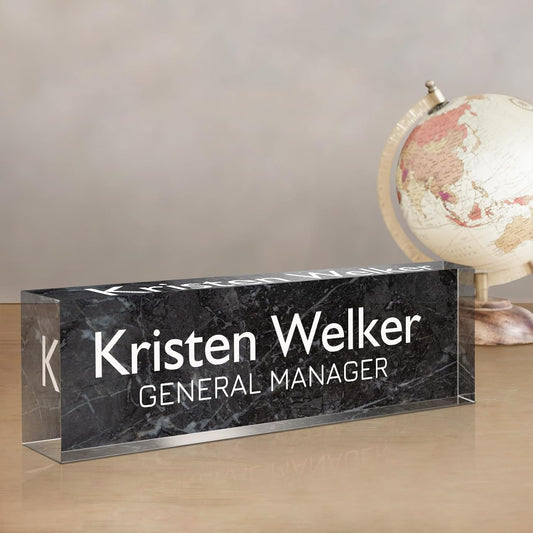 Gowellly Desk Name Plate Personalized - Custom Acrylic Name Plate for Desk - Enterprise Custom Logo/Text nameplates - Employee Appreciation Gifts (Black Marble)