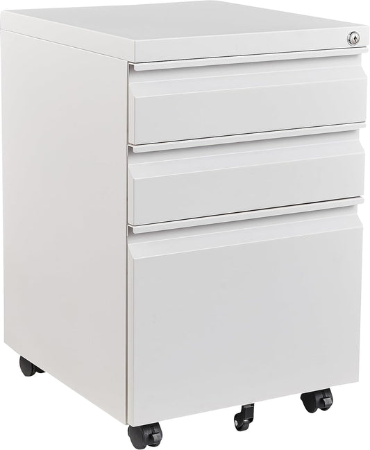 3 Drawer Mobile Metal File Cabinet, White Filling Cabinets with Lock, Pre-Built Office Storage File Cabinet with Wheels Under Desk - Assembled Required