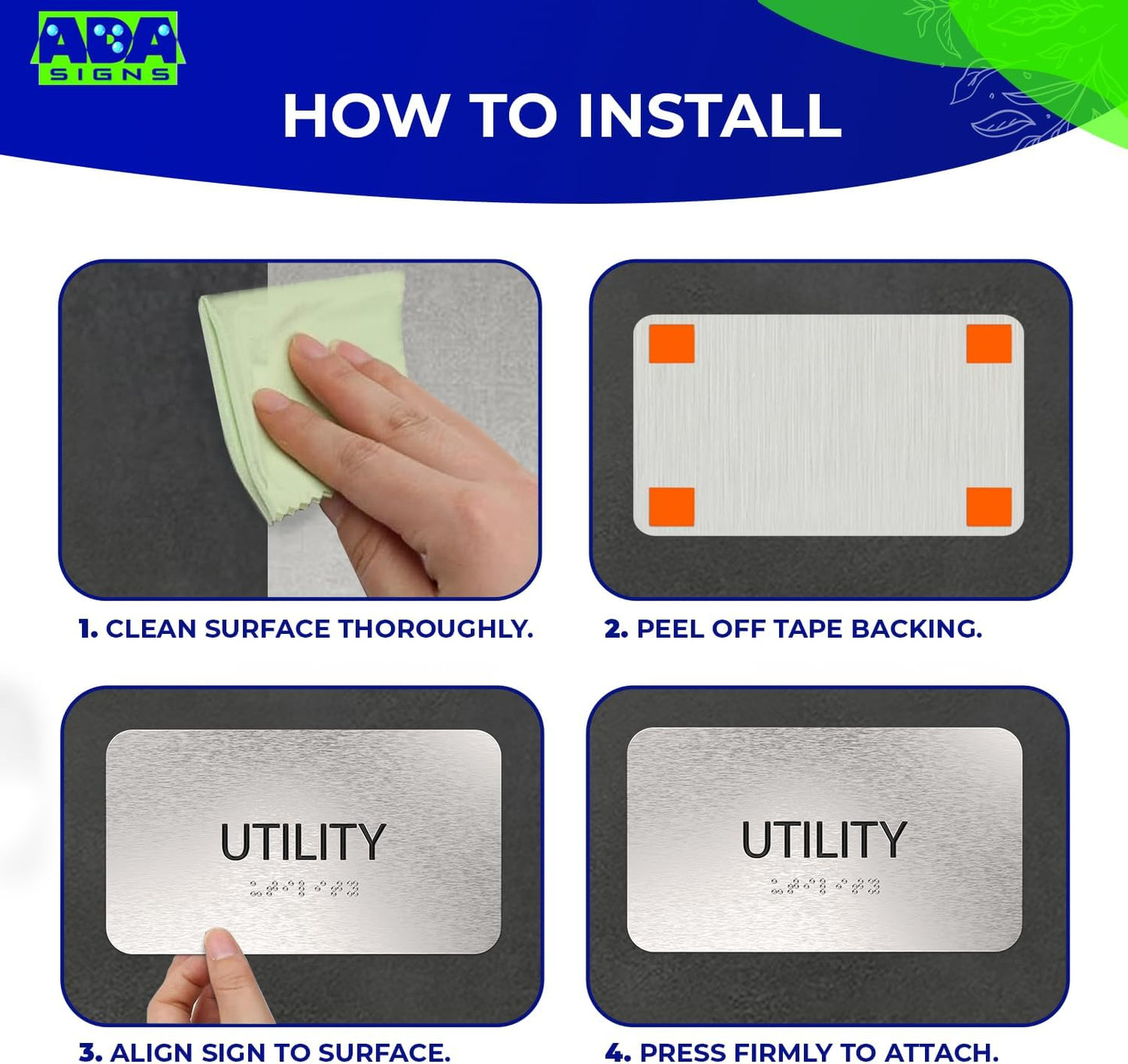 ADASigns Utility Room Sign 7”x4” - Durable Brushed Aluminum with Grade 2 Braille - Easy Installation with Strong Adhesive Tape - ADA Compliant Utility Room Signs for Business, Restaurants & Offices