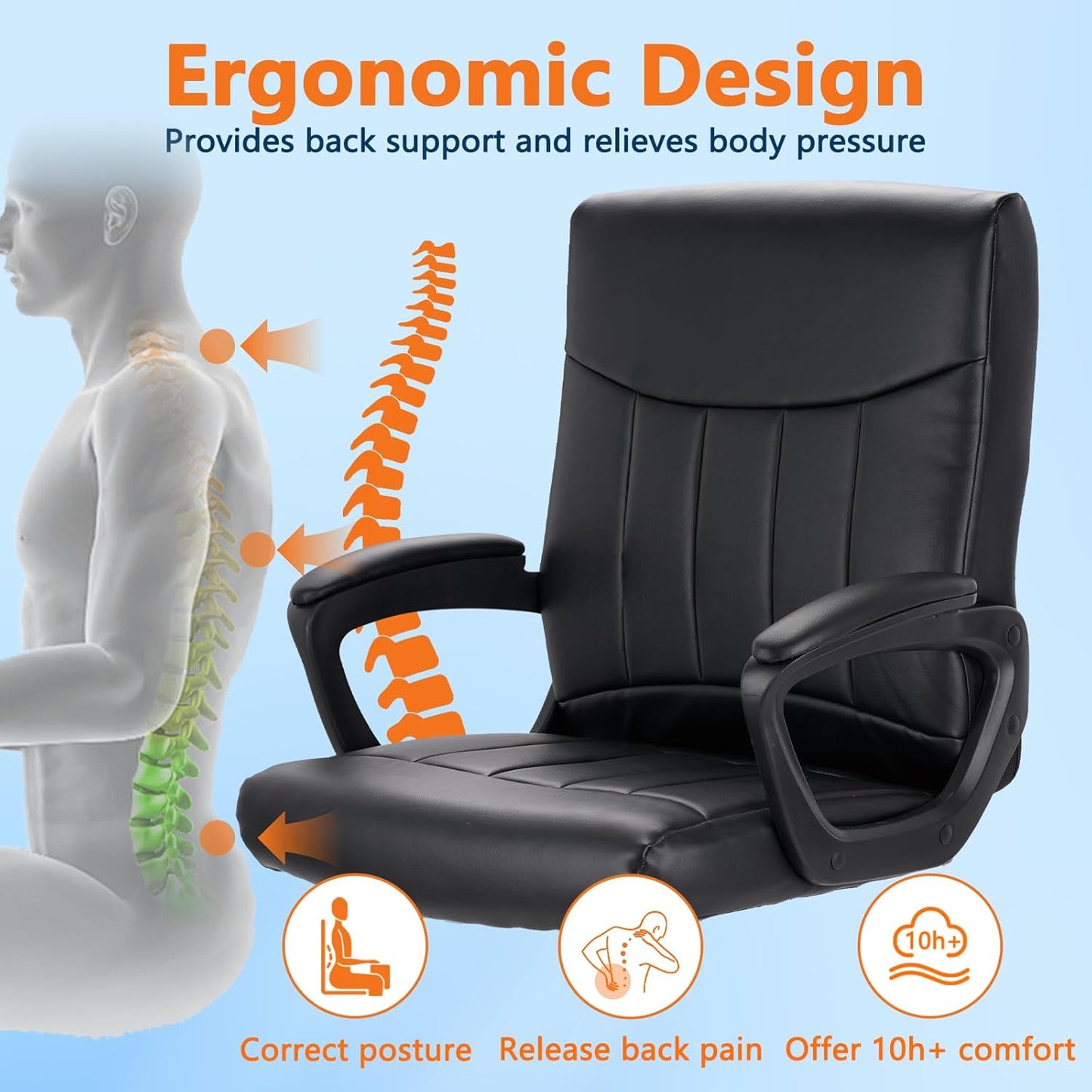 CLATINA Mid Back Leather Office Executive Chair with Lumbar Support and Padded Armrestes Swivel Adjustable Ergonomic Design for Home Computer Desk