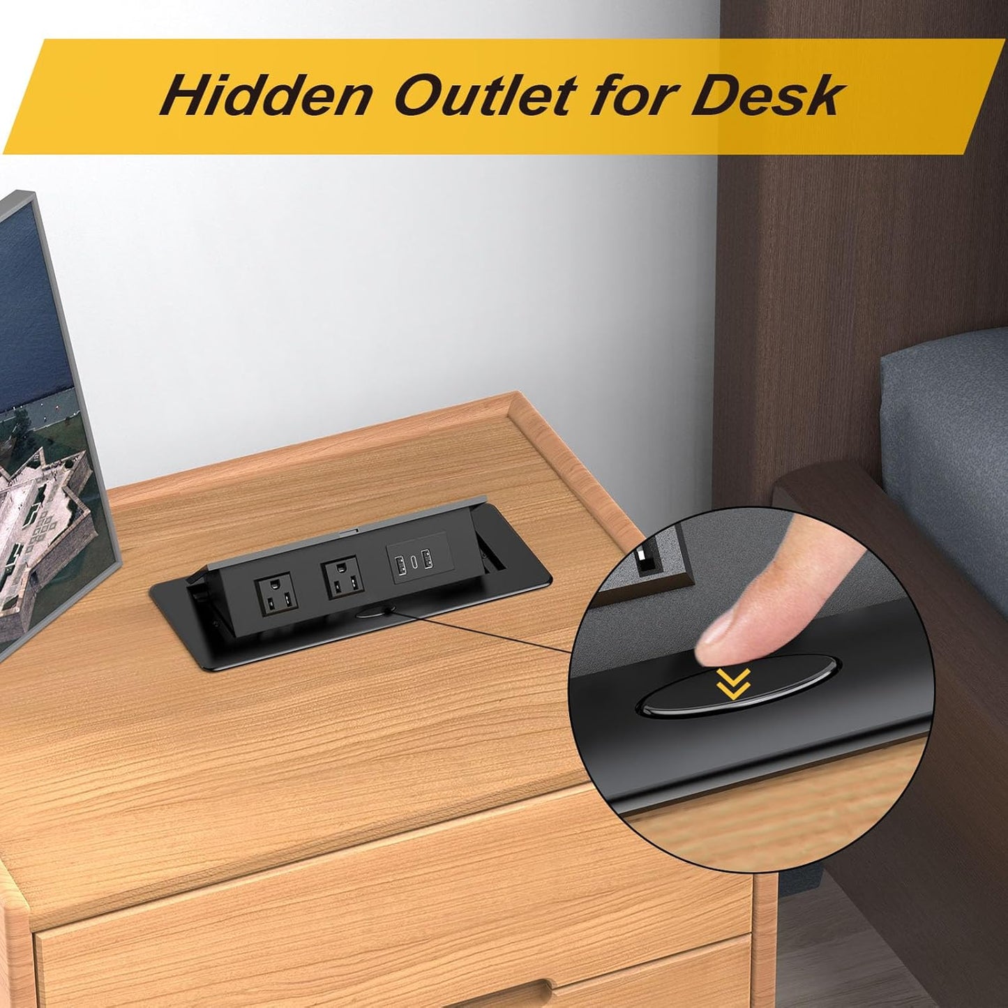 UL Listed Recessed Power Strip, Pop Up Power Cover Box Desktop Socket with PD 20W USB C Charging Ports, Stainless Steel Receptacle Outlet for Conference Room Countertop (Black-USB C)