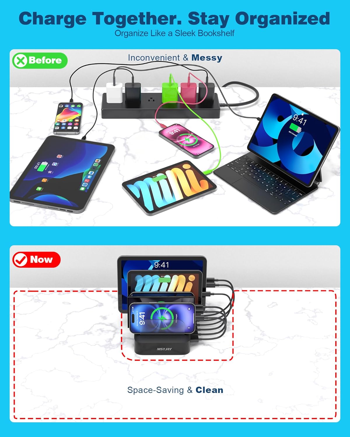 MSTJRY Charging Station for Multiple Devices : 5 Port Multi USB-A Charger Stations Multi-Device Organizer Charging Dock Designed for iPhone iPad Cell Phone Tablets (7 Short Cables Included), Black