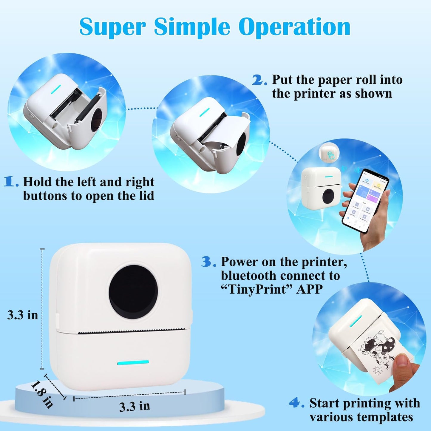 Mini Portable Printer, Inkless Sticker Printer with 12 Rolls Paper, Thermal for Notes/Photos/Stickers/Labels/Receipts, Compatible with iPhone, Android Phone & Tablet, White