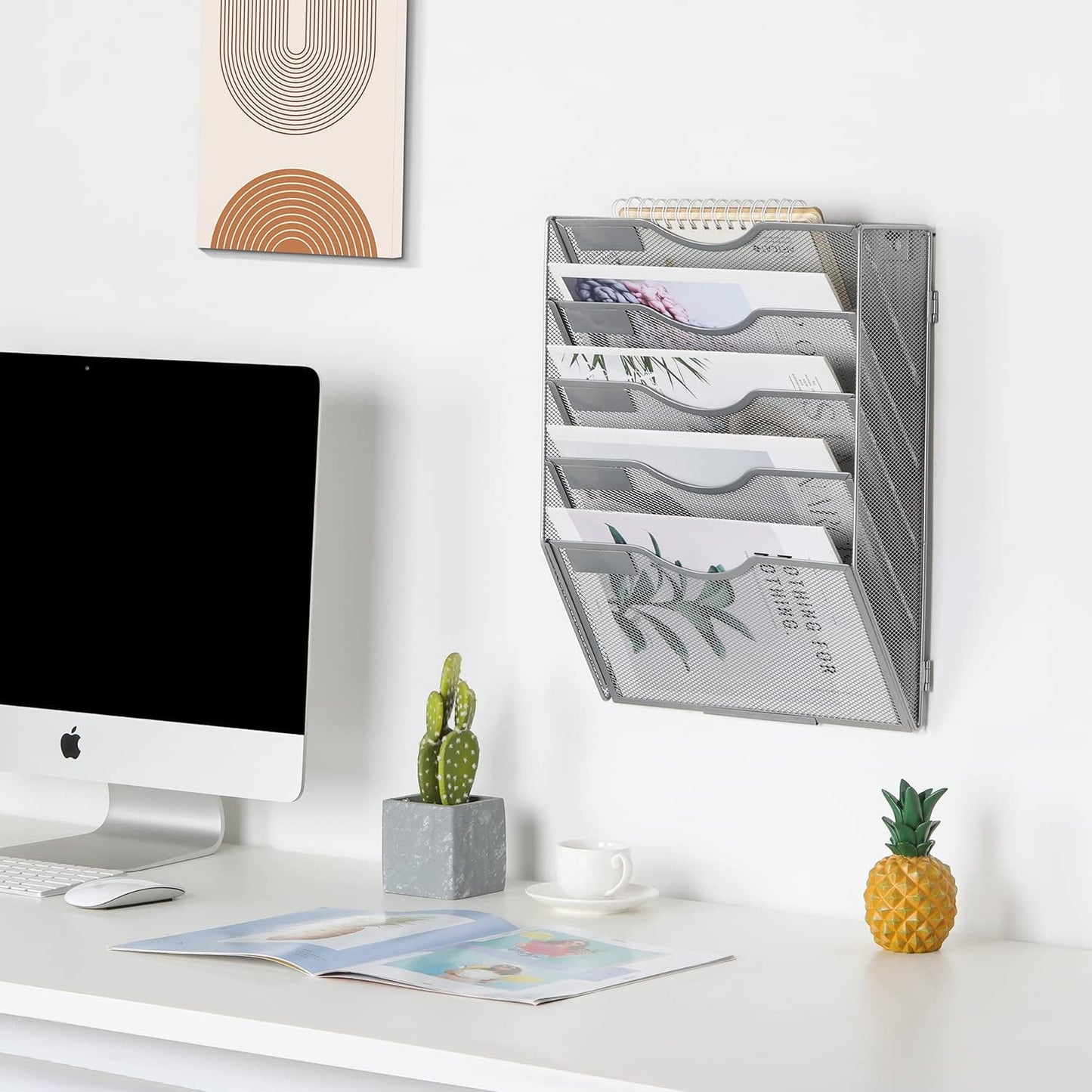 EasyPAG Wall File Holder Organizer 5 Pocket Mesh Hanging Wall Mounted Document Paper Folder Filing Magazine Rack with Nametag Label for Office Home School, Sliver
