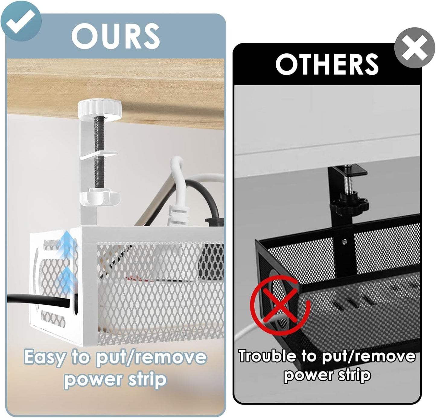 Cable Management, 25'' Cable Management Under Desk No Drill, Metal Cord Organizer with Clamp for Standing Desk, Cable Organizer for Home Office, White