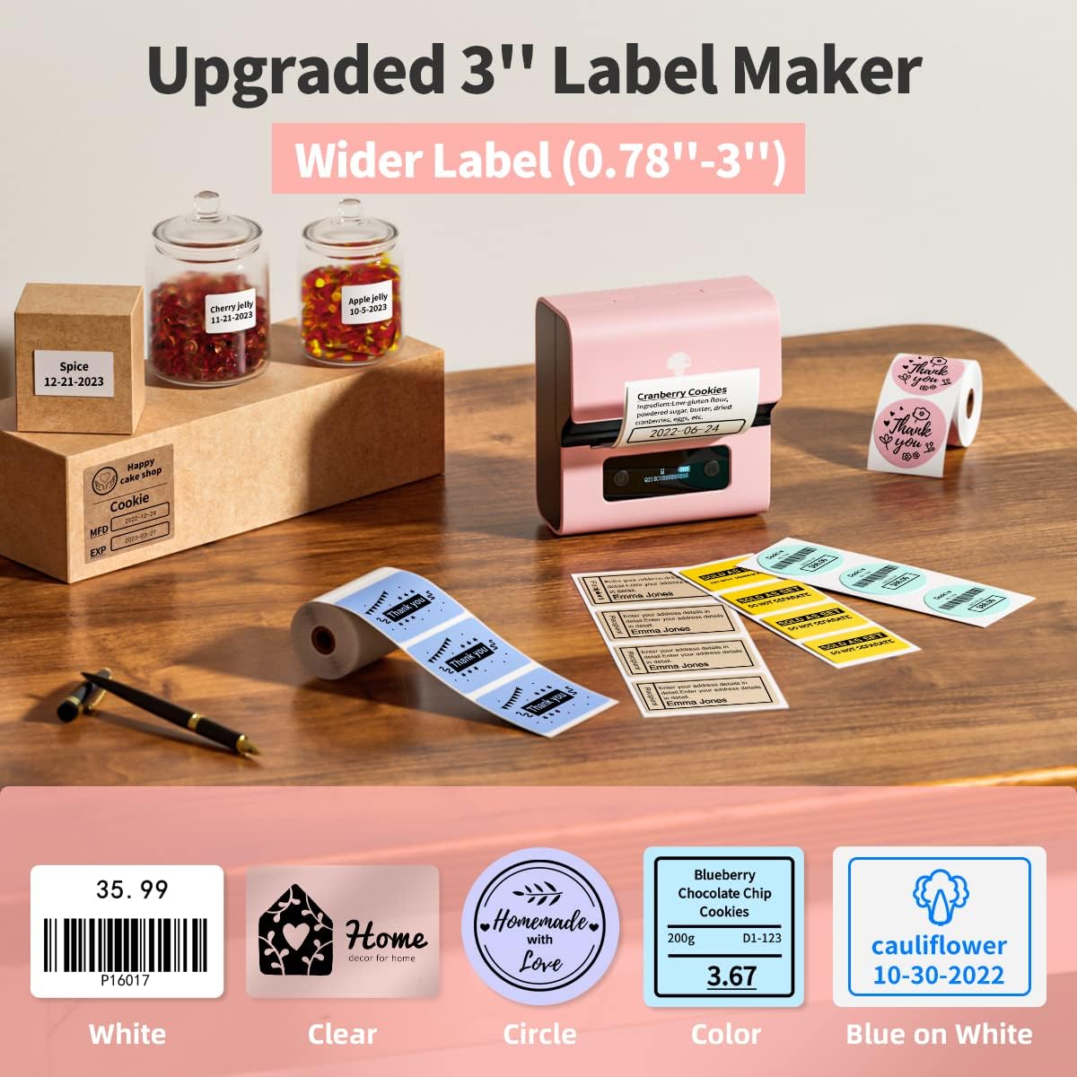 Phomemo Label Maker- M221 Label Maker Machine 3 Inch Bluetooth Thermal Barcode Printer for Small Business/Home Use, for Barcode, Address, Logo, Mailing, Stickers, Compatible with Phone & PC, Pink