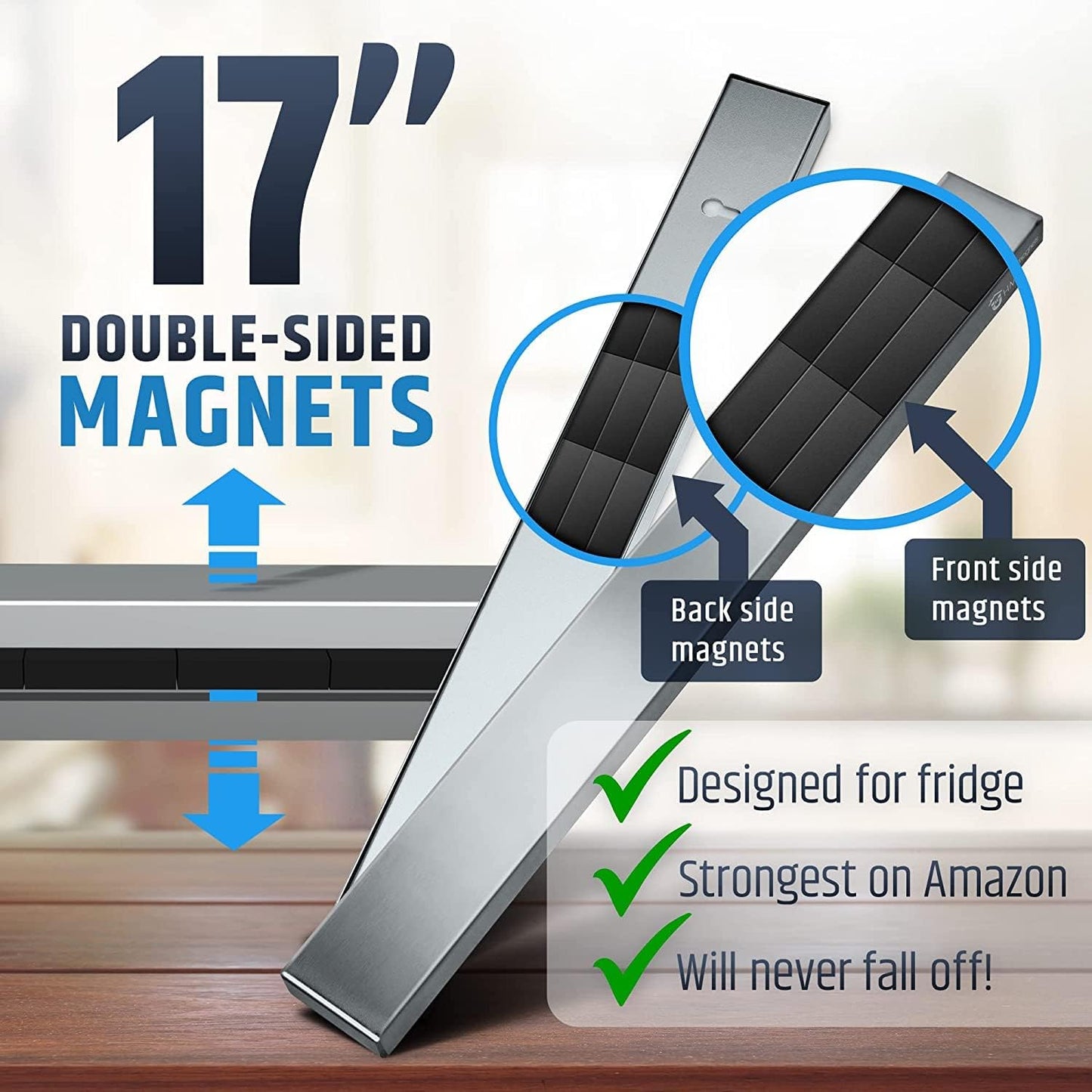 Premium Magnetic Knife Holder for Refrigerator that Doesn't Slide – 17 Inch Professional Double Sided Knife Strip for Fridge - Knife Rack/Bar With Powerful Magnetic Pull Force (Upgraded Version)