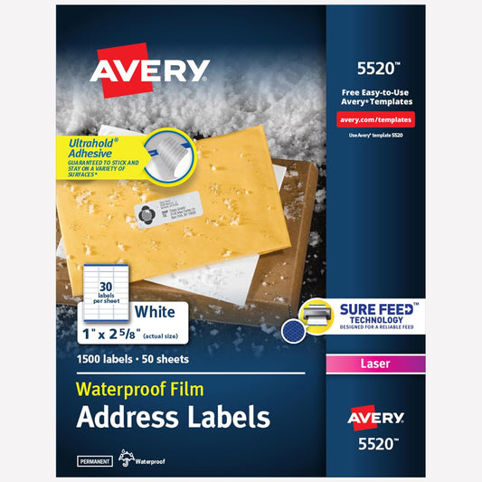Avery Waterproof Sticker Labels for Printer - 1" x 2-5/8" Mailing Labels, Ultrahold Permanent Adhesive, Laser Printers, 1,500 Printable Avery Address Label Sheets (5520)