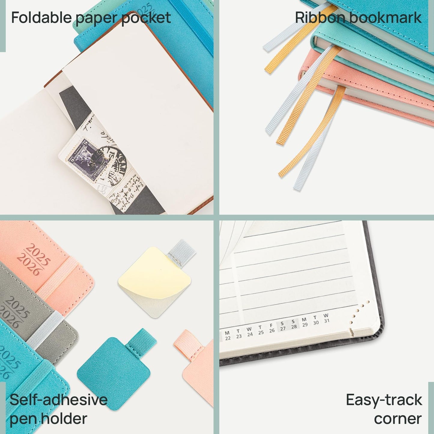 POPRUN Pocket Planner 2025-2026 (Purse Size 4'' x 6.25'') Academic Purse Calendar (July 2025 - June 2026) with Hourly Time Slots, 100GSM Thick Papers, Leather Soft Cover - Blue Green