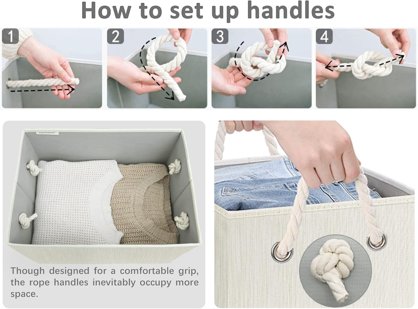 StorageWorks Storage Bins with Lids, Decorative Storage Boxes with Lid and Soft Rope Handles, Foldable Storage Baskets for Closet, Shelves, Stackable, Mixing of Beige, White & Ivory, Jumbo, 3-Pack