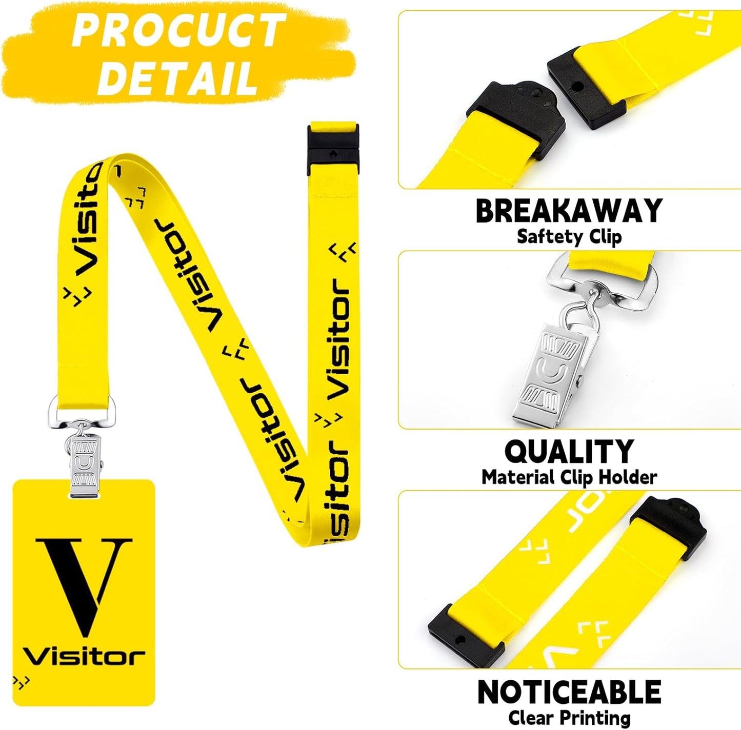 PerKoop 25 Pack Visitor Badge Lanyards Volunteer Badge Holder with Clips ID Card Holder with PVC Pass Card Reusable Breakaway Lanyards for Company Exhibition Guest Visitor (Yellow)