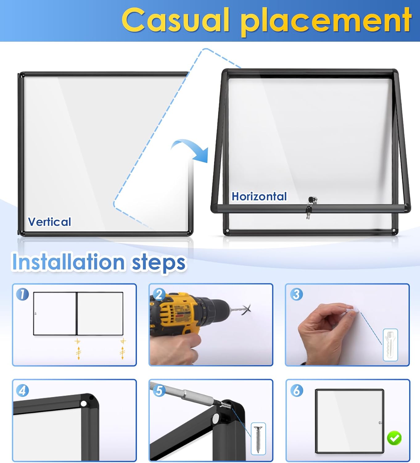 SWANCROWN Lockable Bulletin Boards Black Frame Enclosed Display Case,with Magnets,for School Message Notice 28x26inch(6XA4)