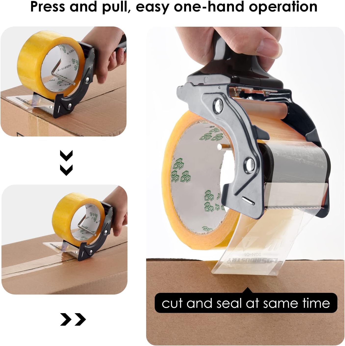 Rapid-Replace Tape Dispenser Gun with 2 Inch X 60 Yard Tape Roll (Transparent) and Extra Blade, Lightweight Ergonomic Heavy Handheld Duty Tape Cutter for Packaging and Box Sealing Black