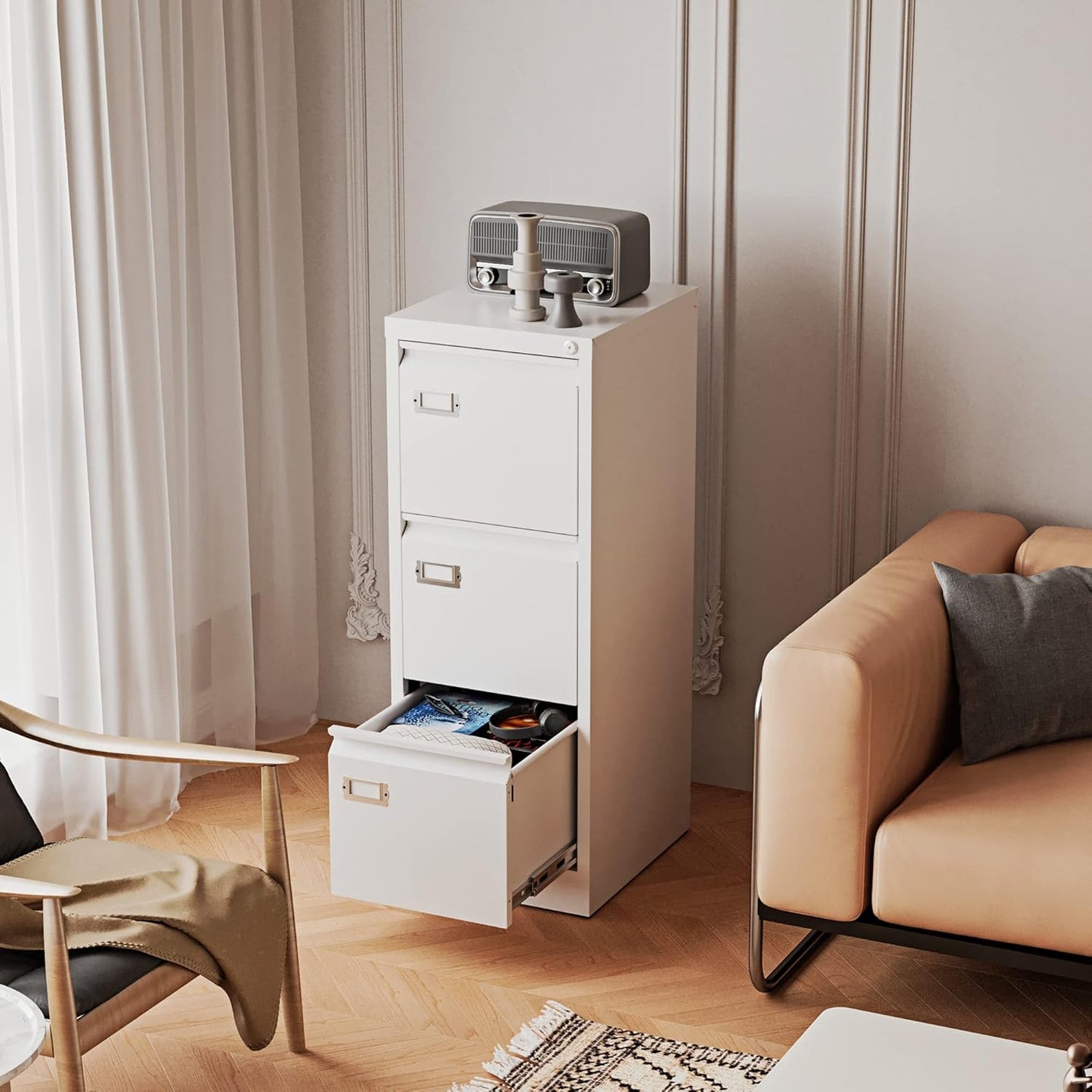 3 Drawers Vertical File Cabinets - 17.8" Deep Lockable Filing Cabinet - White Metal Storage Cabinets for Home Office to Hanging Files Letter/Legal/F4/A4 Size