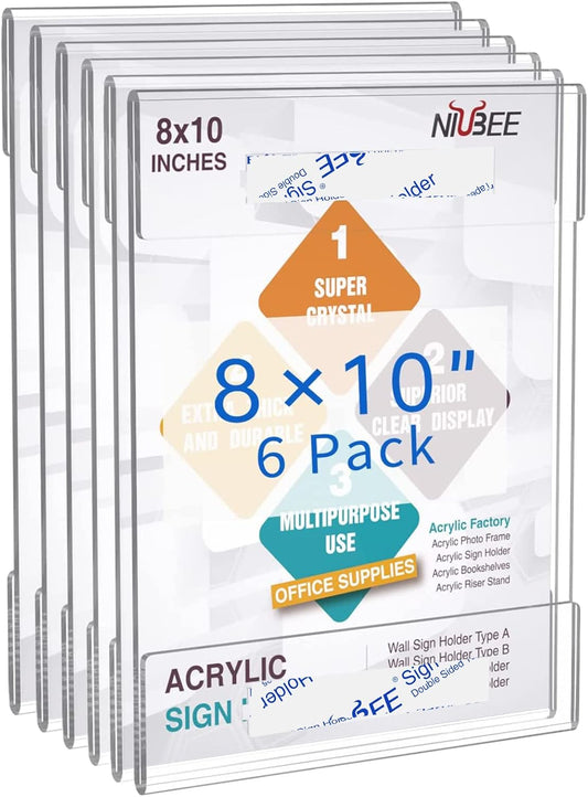 Niubee 8x10 Wall Mount Acrylic Sign Holder with Double Sided Adhesive Tape for Office, Home, Store, Restaurant, No Drilling - Vertical
