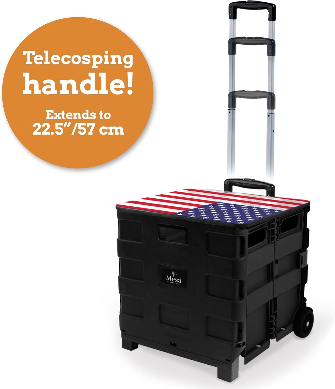 Inspired Living Collapsible Ultra-Slim Pack-N-Roll,2 Wheel Utility Cart w/Lid Used as Seat up to 250 Lbs, Telescopic Handle, Super Strong, for Home,Garden,Shopping,Office,School, Large, American Flag