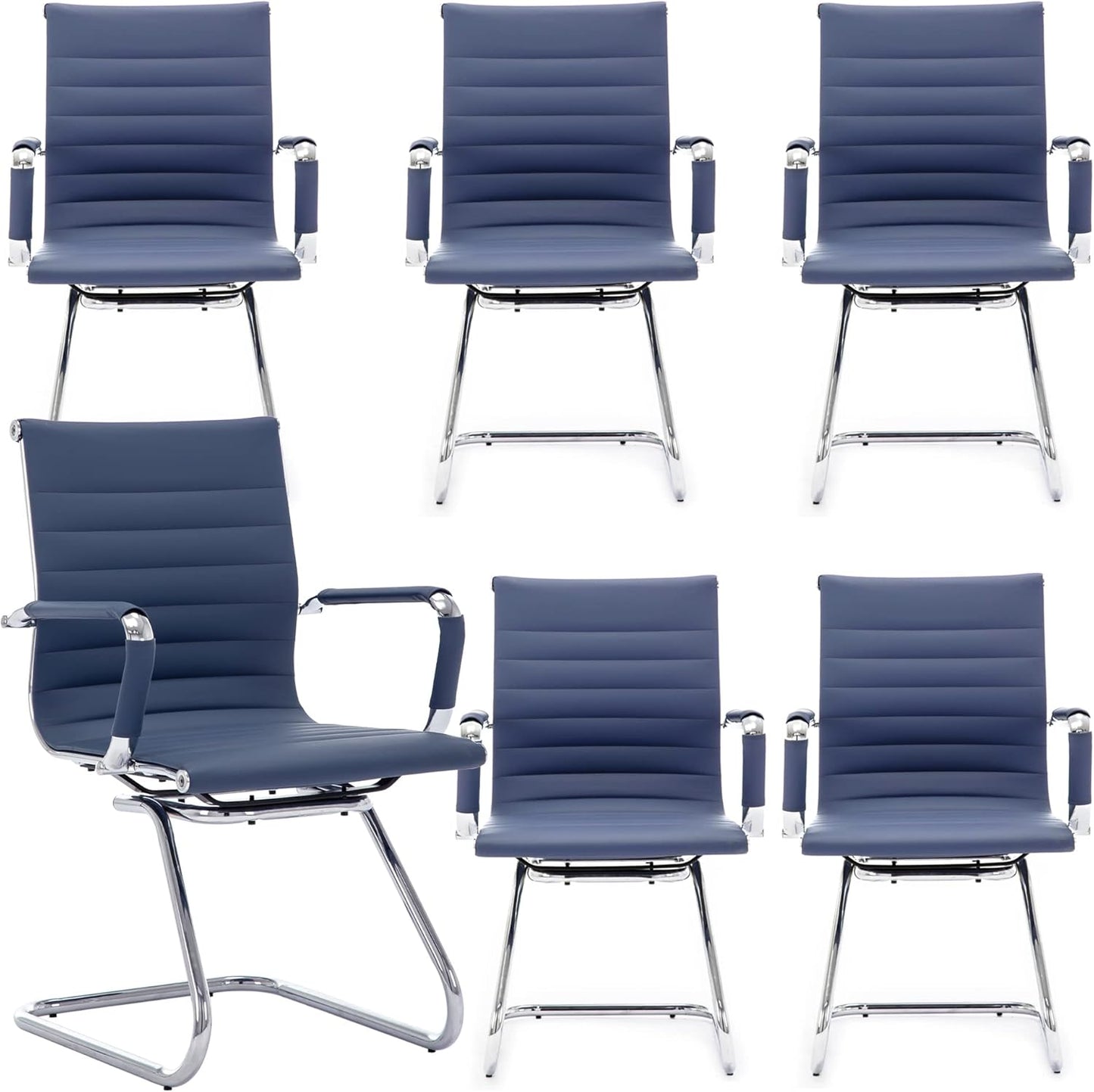 Office Desk Chair No Wheels Set of 6 PU Leather Computer Chairs Mid Back Guest Chairs for School Reception Conference Waiting Room, Navy Blue