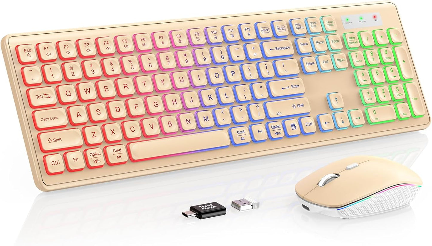 Wireless Keyboard and Mouse Combo - RGB Backlit, Rechargeable & Light Up Letters, Full-Size, Ergonomic Tilt Angle, Sleep Mode, 2.4GHz Quiet Keyboard Mouse for Mac, Windows, Laptop, PC
