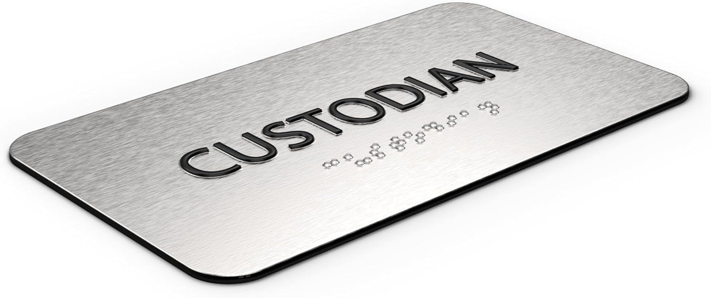 ADASigns Custodian Closet Sign 7" W x 4" H Durable Brushed Aluminum with Grade 2 Braille - Easy Installation with Adhesive Double Sided Tape - ADA Compliant Custodian Sign for Office & Businesses
