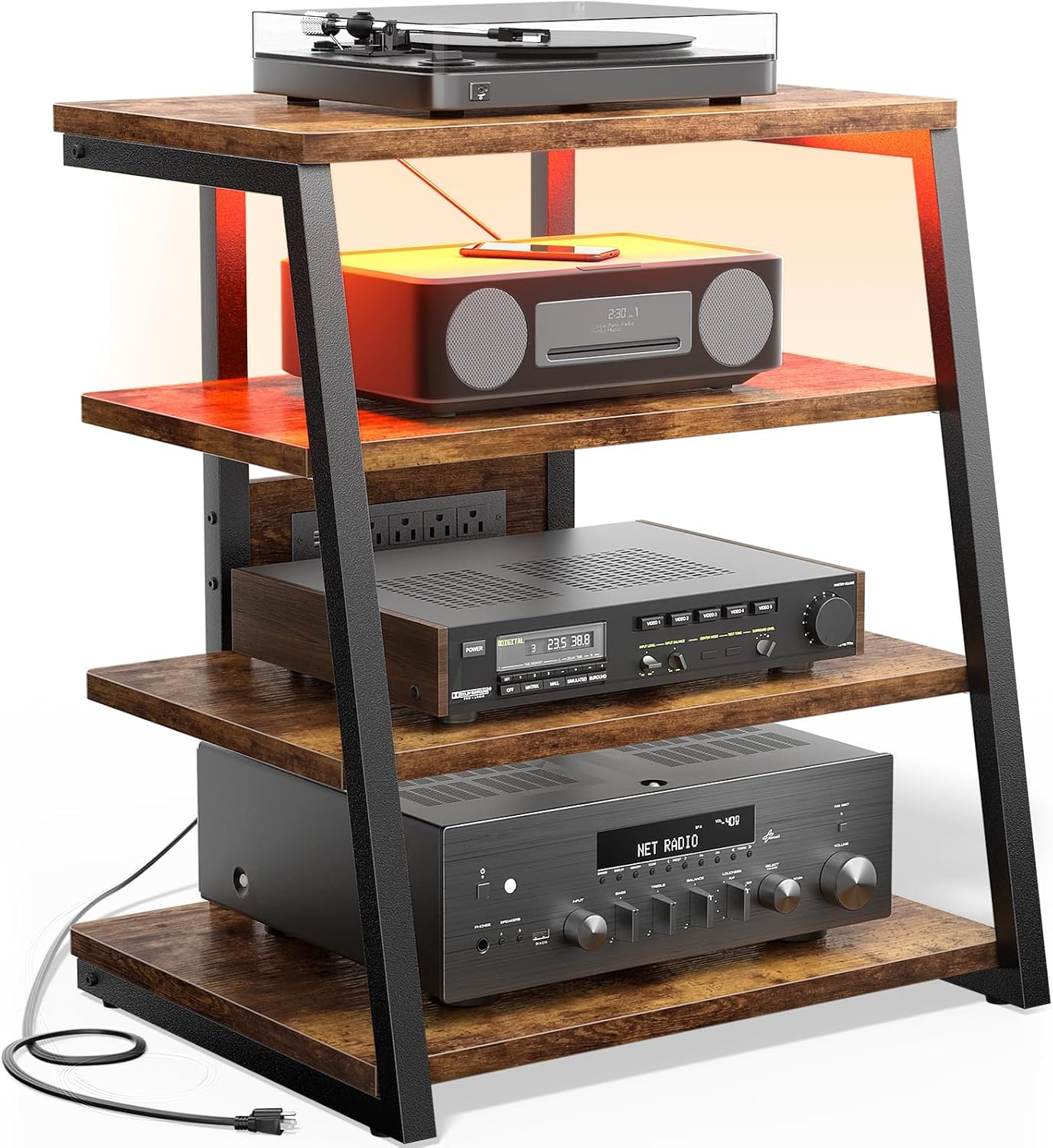AV Media Stand with Outlets, Media Console with LED Lights, Stereo Racks and Stands with Storage Shelves, Media Audio Tower Cabinet, Rustic Brown