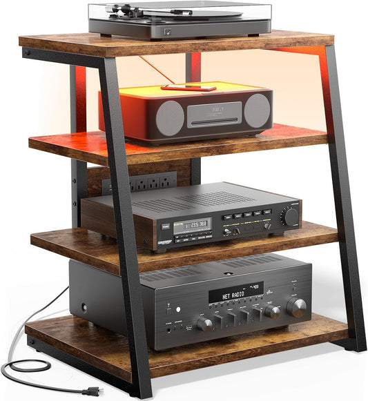 AV Media Stand with Outlets, Media Console with LED Lights, Stereo Racks and Stands with Storage Shelves, Media Audio Tower Cabinet, Rustic Brown