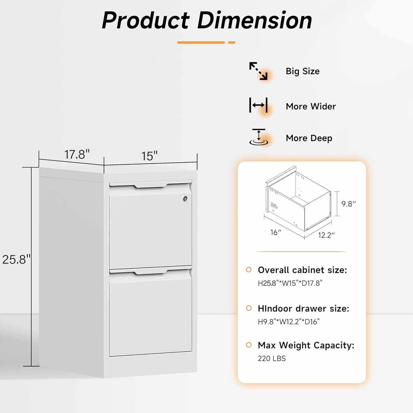 Bestoo 2 Drawer File Cabinet, 17.8" Deep Filing Cabinet for Home Office, Metal Vertical File Cabinet with Lock for Letter/Legal/A4/F4 Size, Easy Assemble (White)
